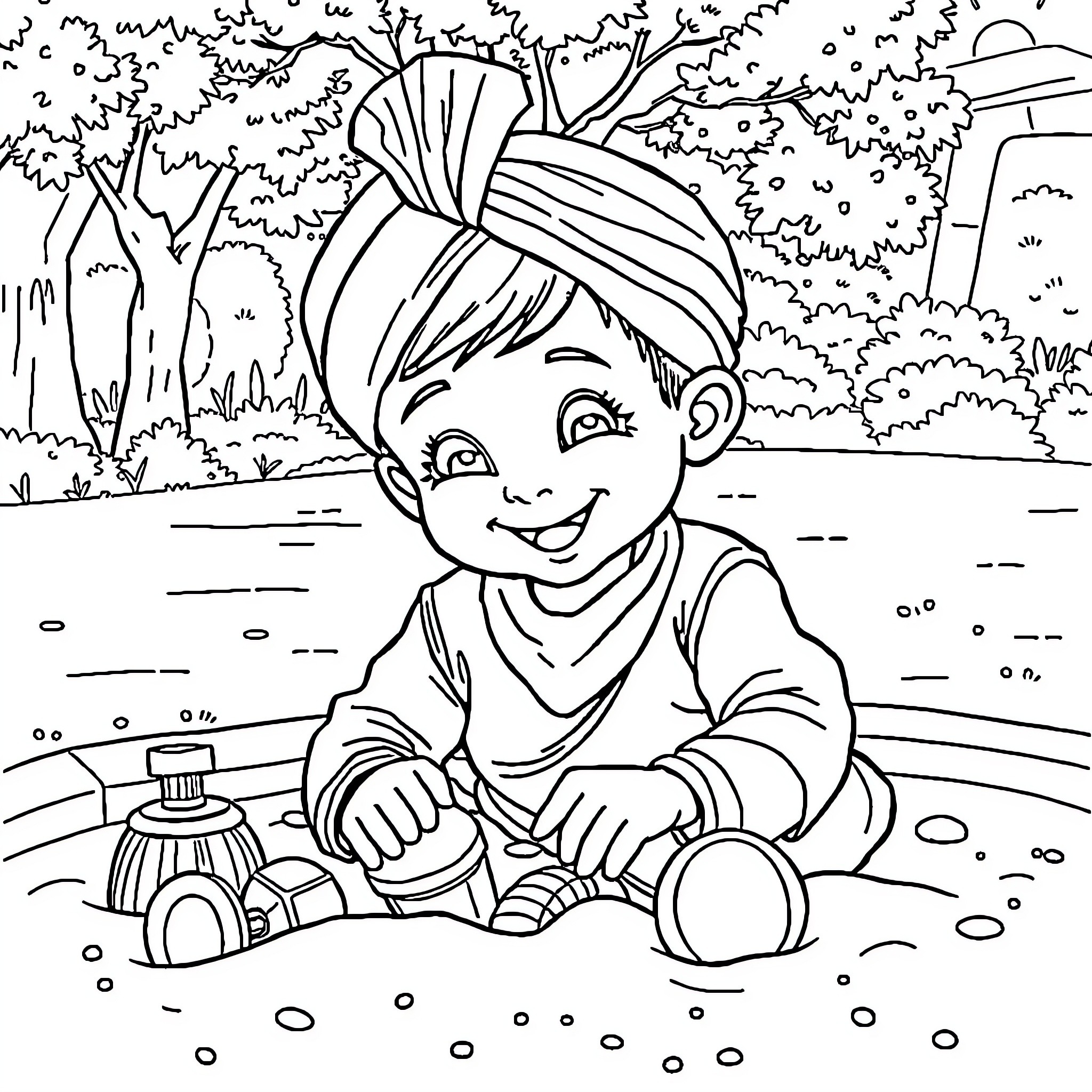 Punjabi Boy Playing Happily with Toys in Nature Coloring Page (free black-and-white line drawing printable PDF for all, from beginners to advanced learners, including children, teens, adults, and seniors)