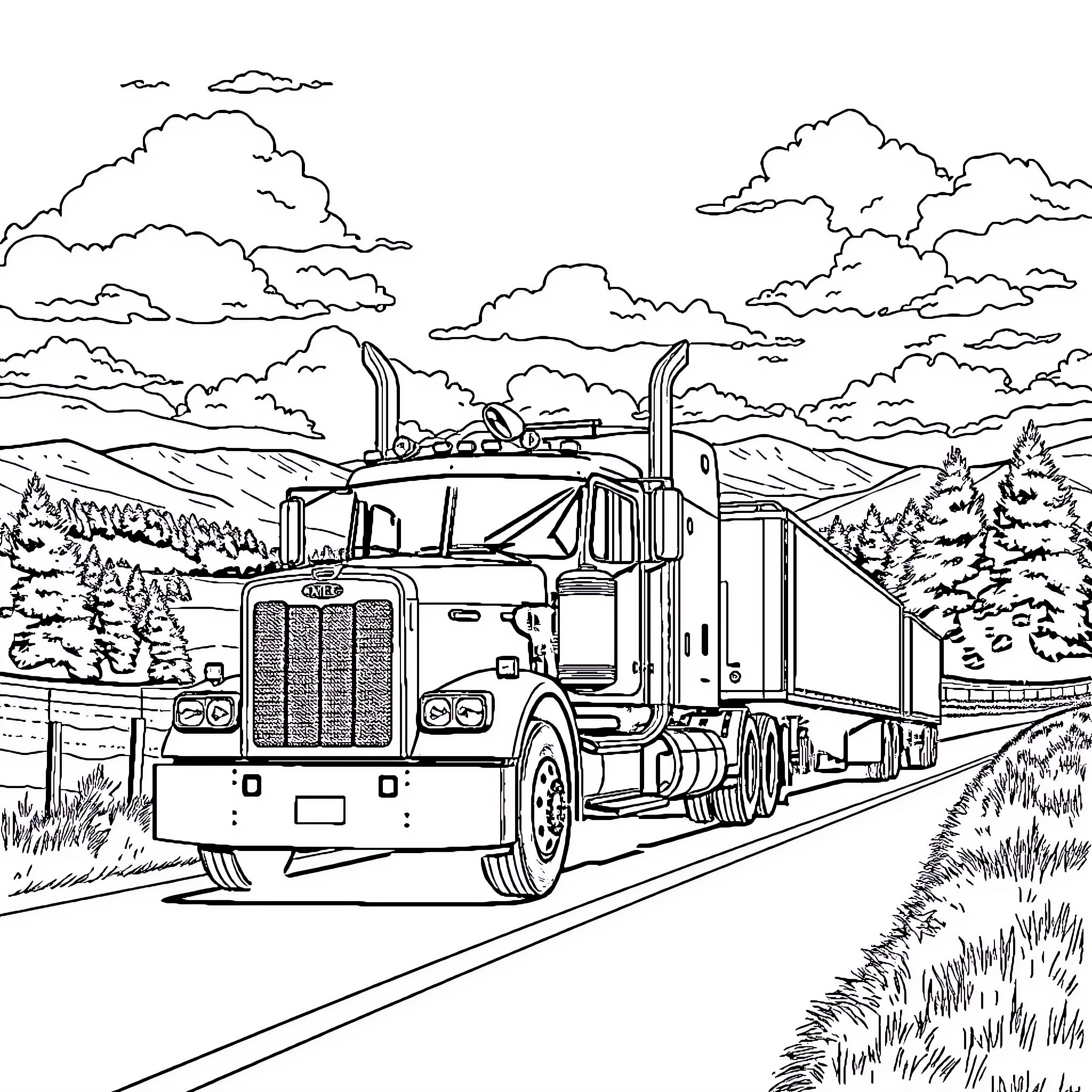 Mack Truck transporting cargo through scenic countryside Coloring Page (free black-and-white line drawing printable PDF for all, from beginners to advanced learners, including children, teens, adults, and seniors)