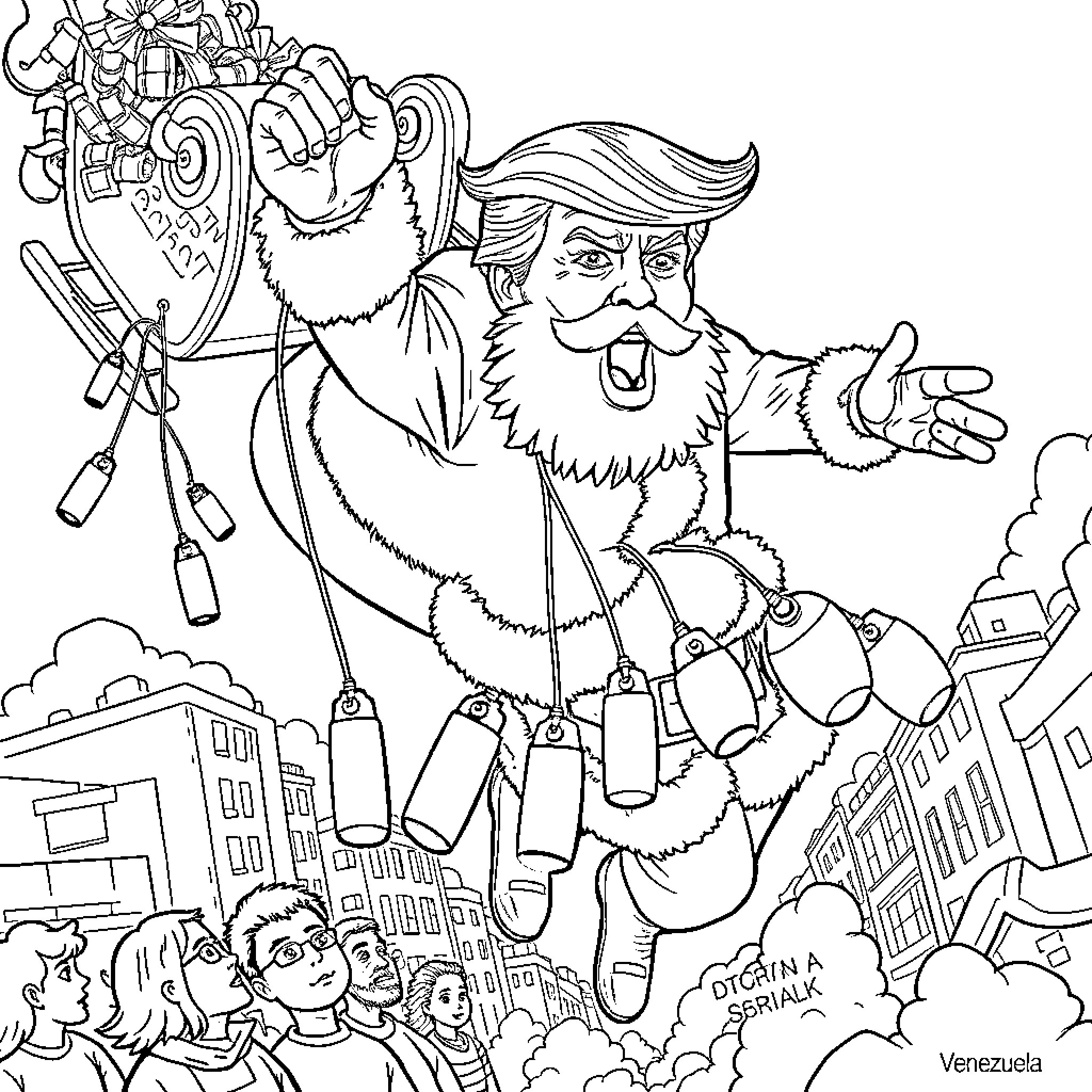 Donald Trump Caricature with Outrageous Attire and Expressions Coloring Page (free black-and-white line drawing printable PDF for all, from beginners to advanced learners, including children, teens, adults, and seniors)