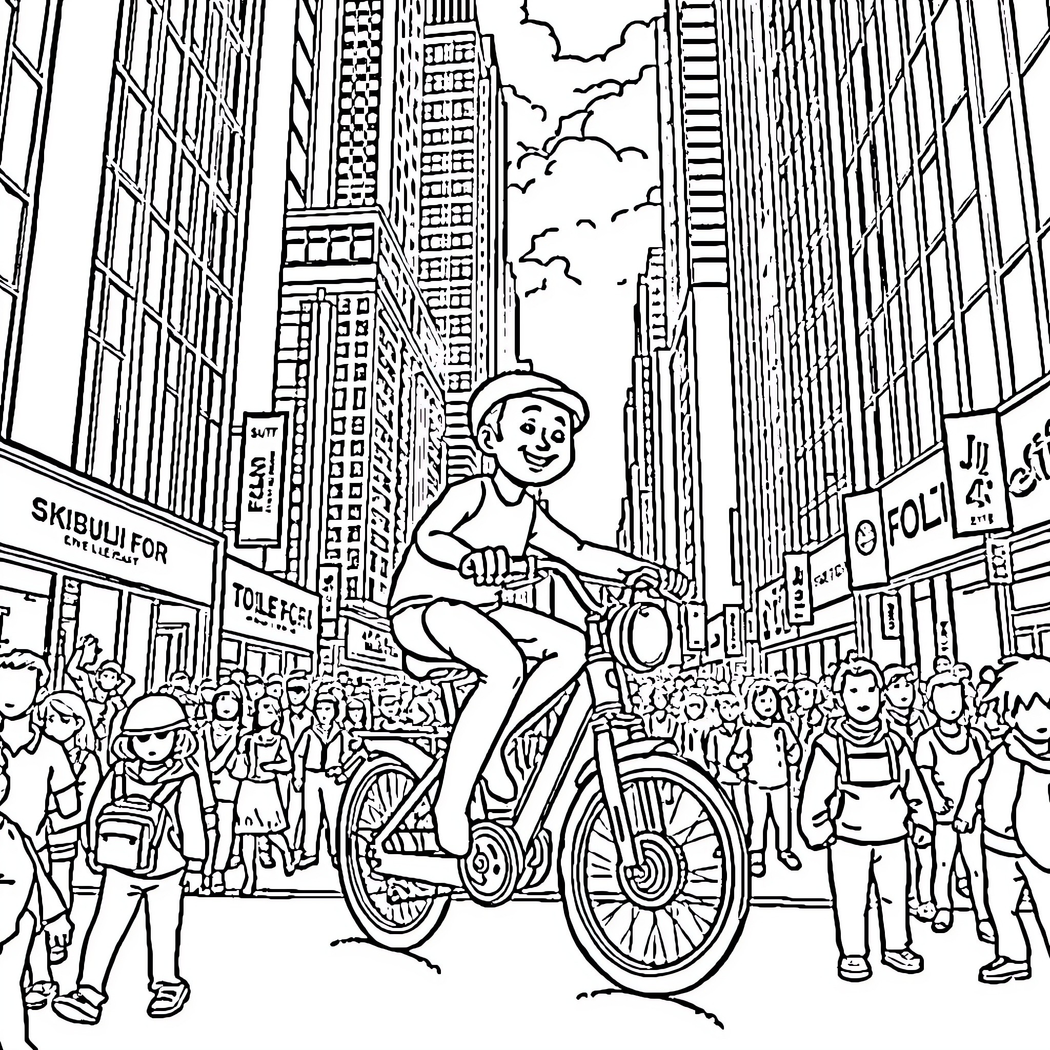 Skibidi Toilet: Whimsical Cyclist in Bustling City Scene Coloring Page (free black-and-white line drawing printable PDF for all, from beginners to advanced learners, including children, teens, adults, and seniors)