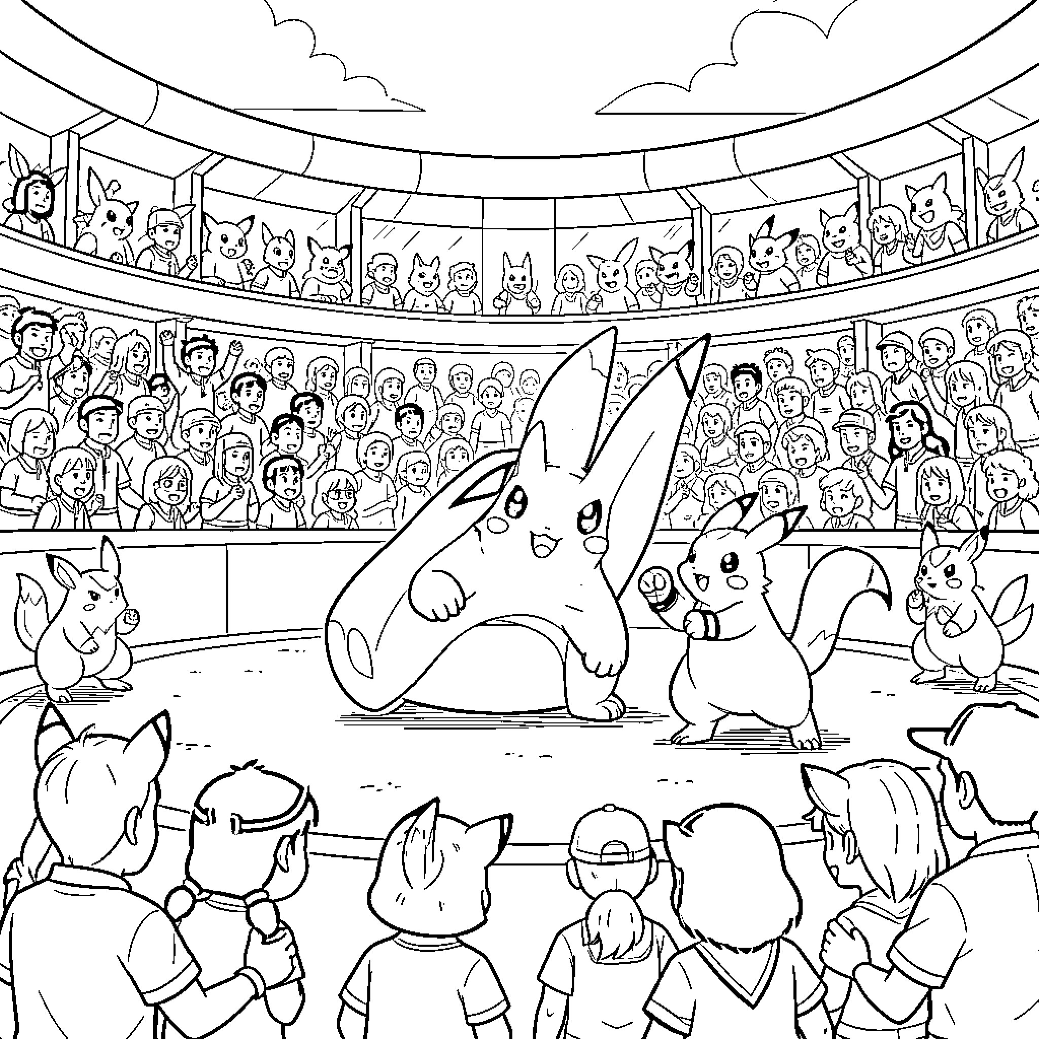 Pokémon battling and cheering in a large stadium Coloring Page (free black-and-white line drawing printable PDF for all, from beginners to advanced learners, including children, teens, adults, and seniors)