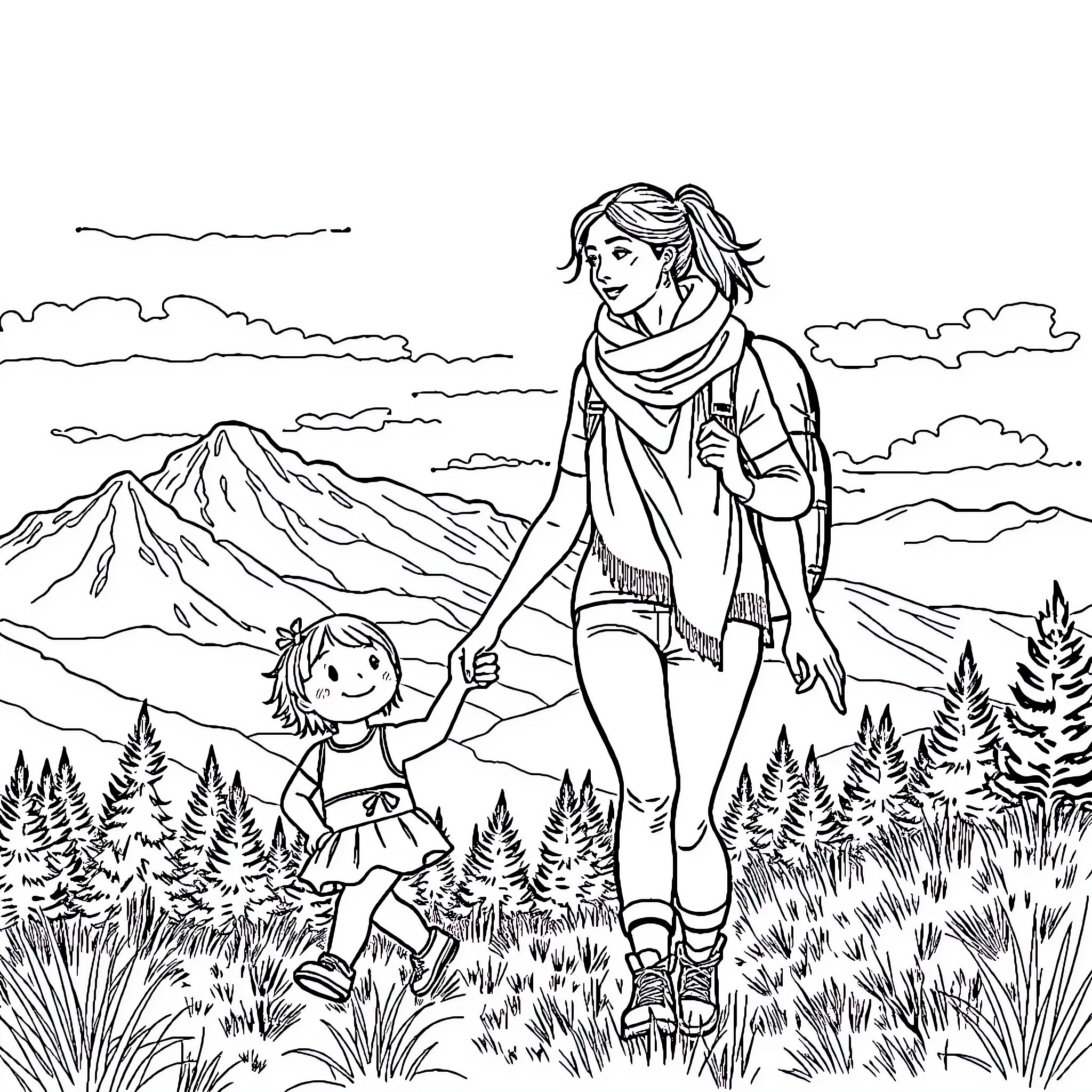 Chica Hiking with Child in the Mountains Coloring Page (free black-and-white line drawing printable PDF for all, from beginners to advanced learners, including children, teens, adults, and seniors)