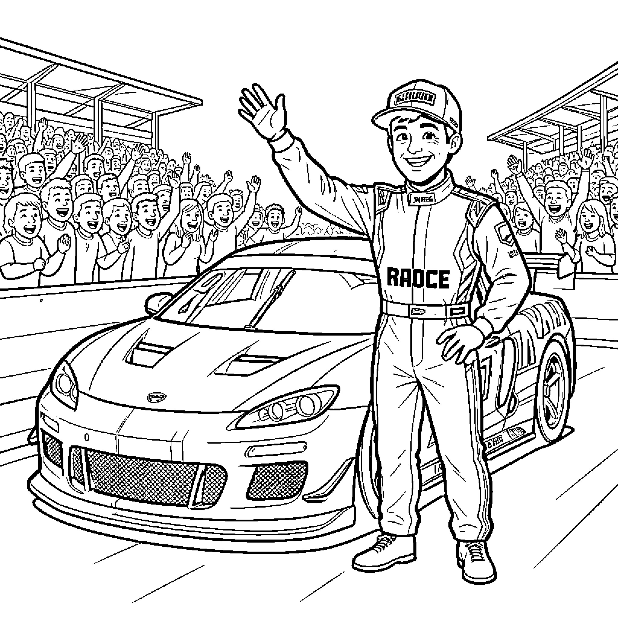 Race Car Driver Celebrates Victory at Racetrack Coloring Page (free black-and-white line drawing printable PDF for all, from beginners to advanced learners, including children, teens, adults, and seniors)