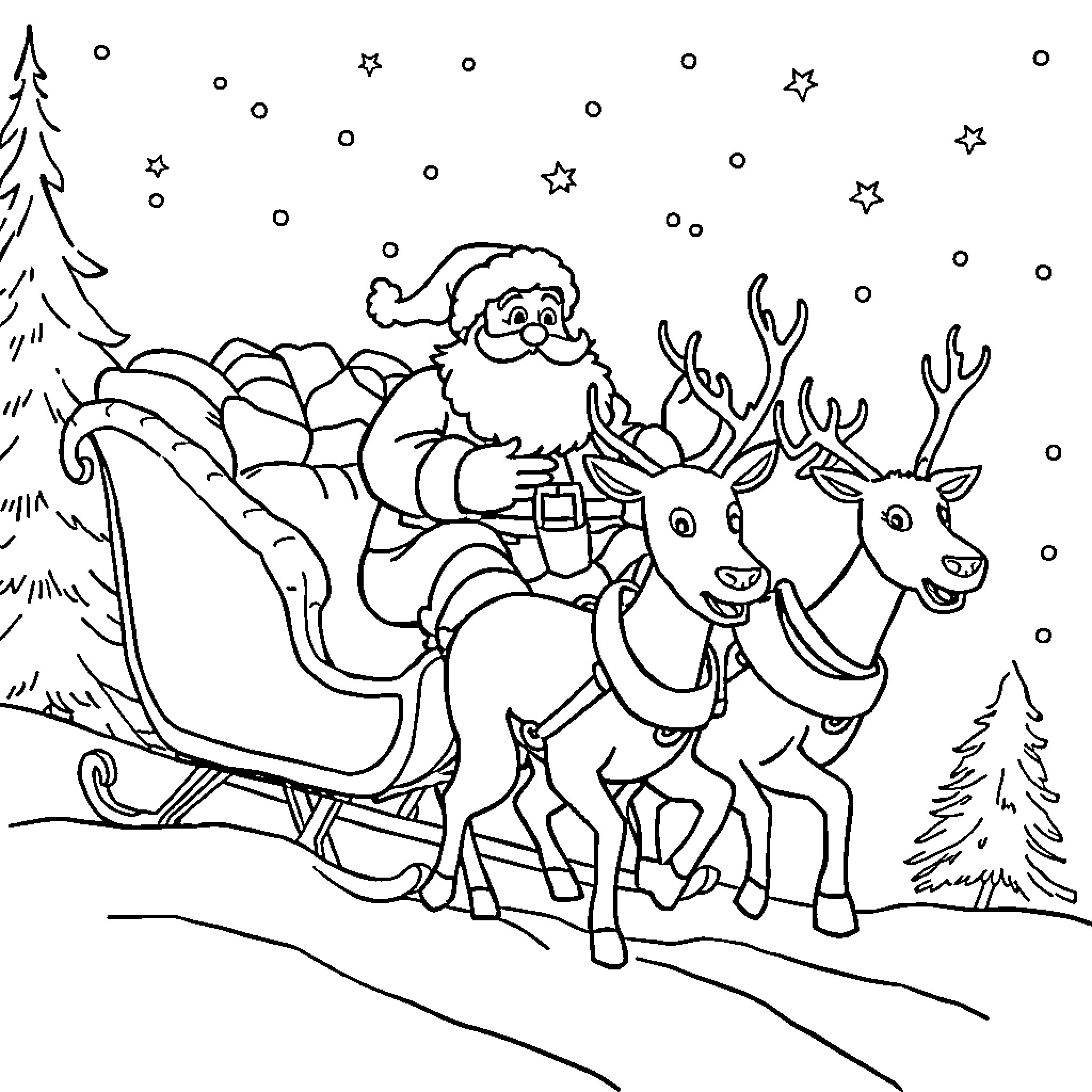 Santa Claus riding his sleigh with reindeer through snowy forest Coloring Page (free black-and-white line drawing printable PDF for all, from beginners to advanced learners, including children, teens, adults, and seniors)