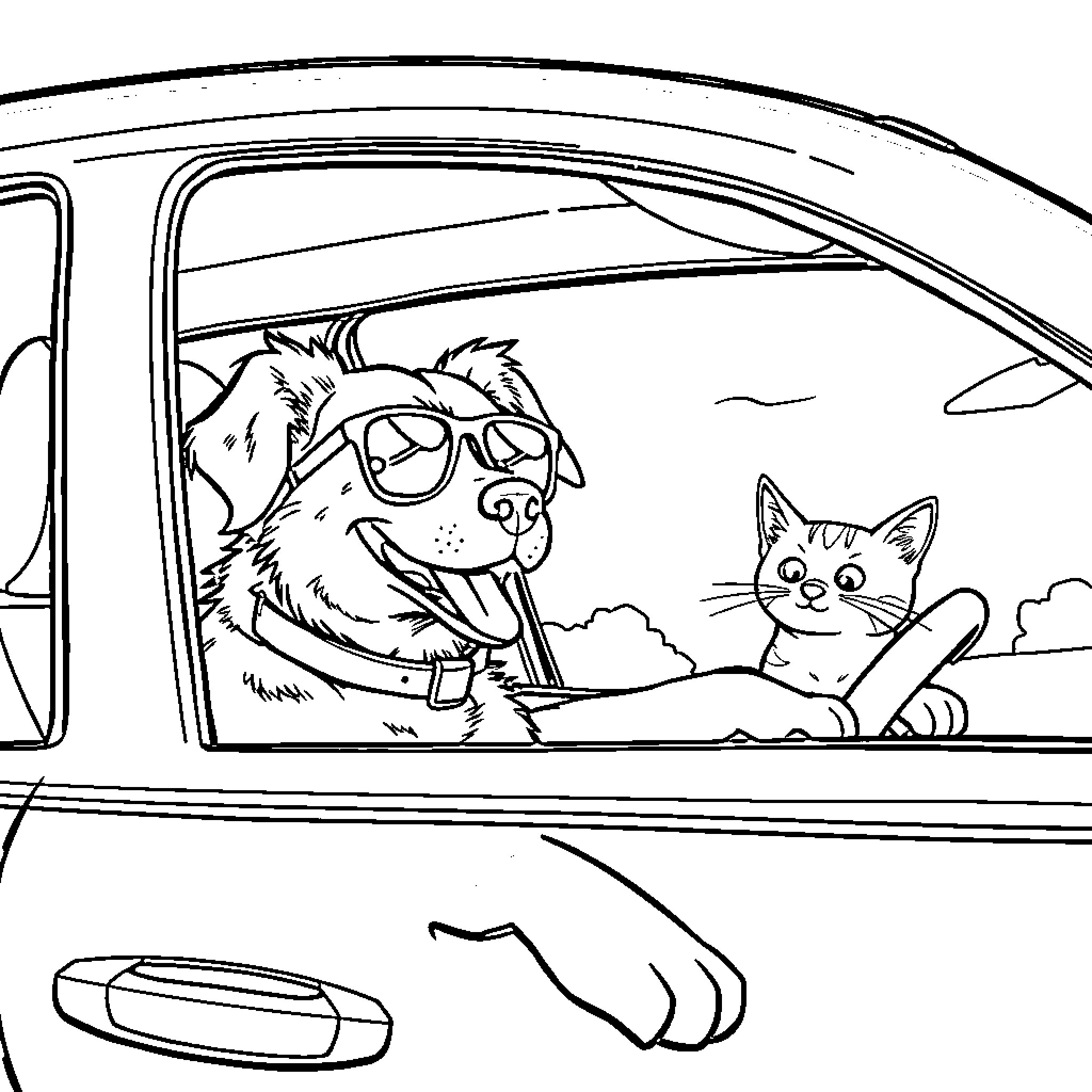 Dog and cat driving in a car Coloring Page (free black-and-white line drawing printable PDF for all, from beginners to advanced learners, including children, teens, adults, and seniors)