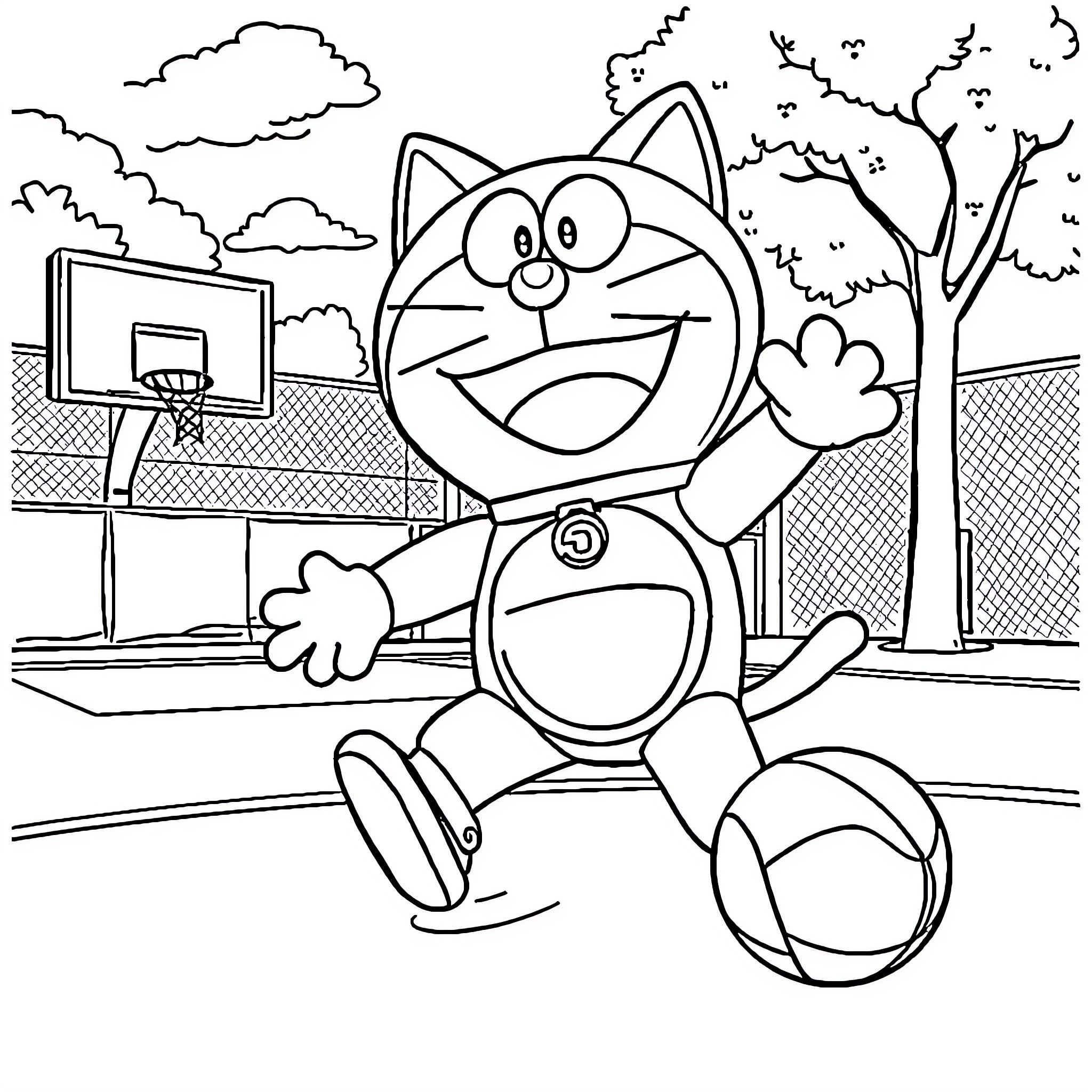 Doraemon playing happily in the park Coloring Page (free black-and-white line drawing printable PDF for all, from beginners to advanced learners, including children, teens, adults, and seniors)