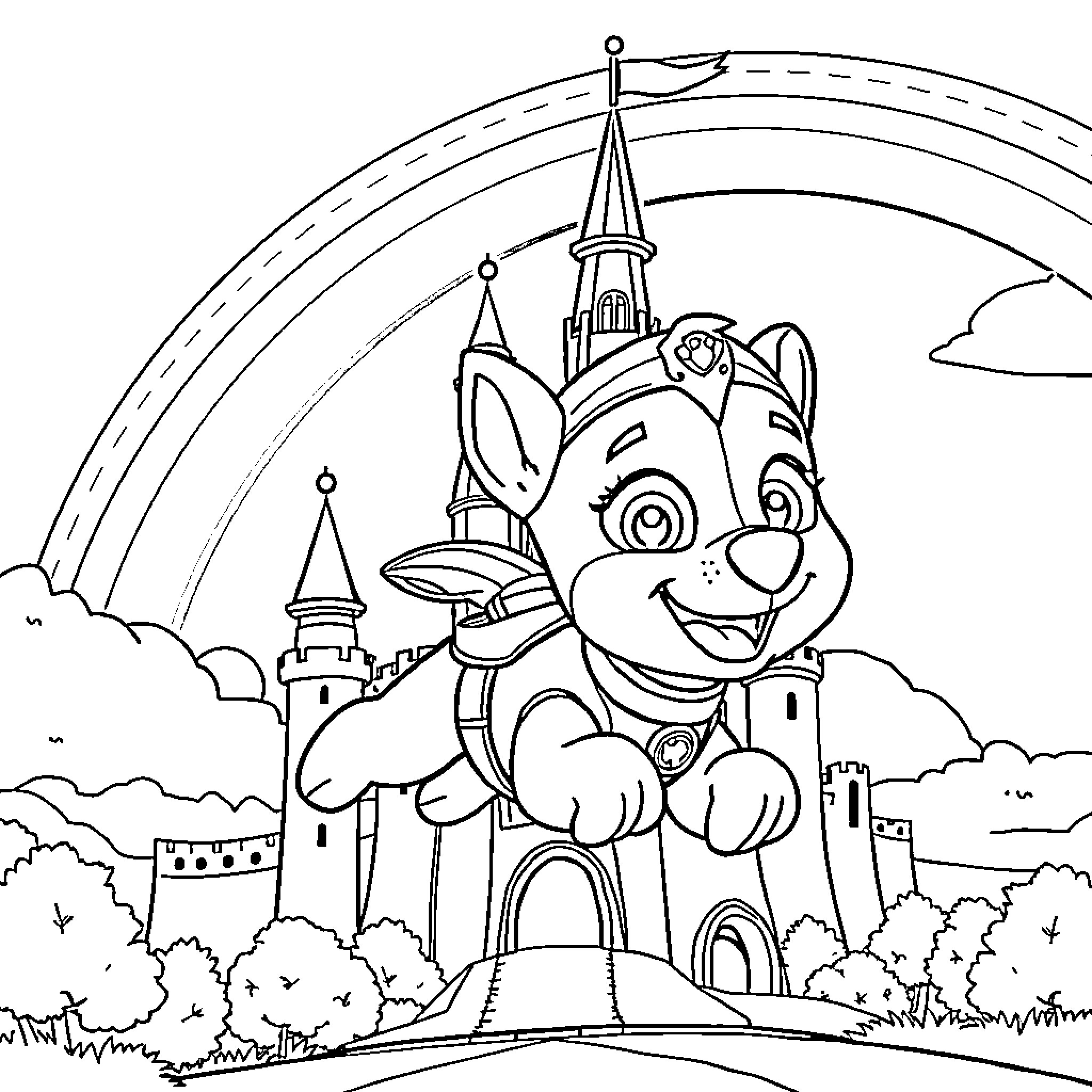 Skye's Enchanting Adventure in the Castle Coloring Page (free black-and-white line drawing printable PDF for all, from beginners to advanced learners, including children, teens, adults, and seniors)