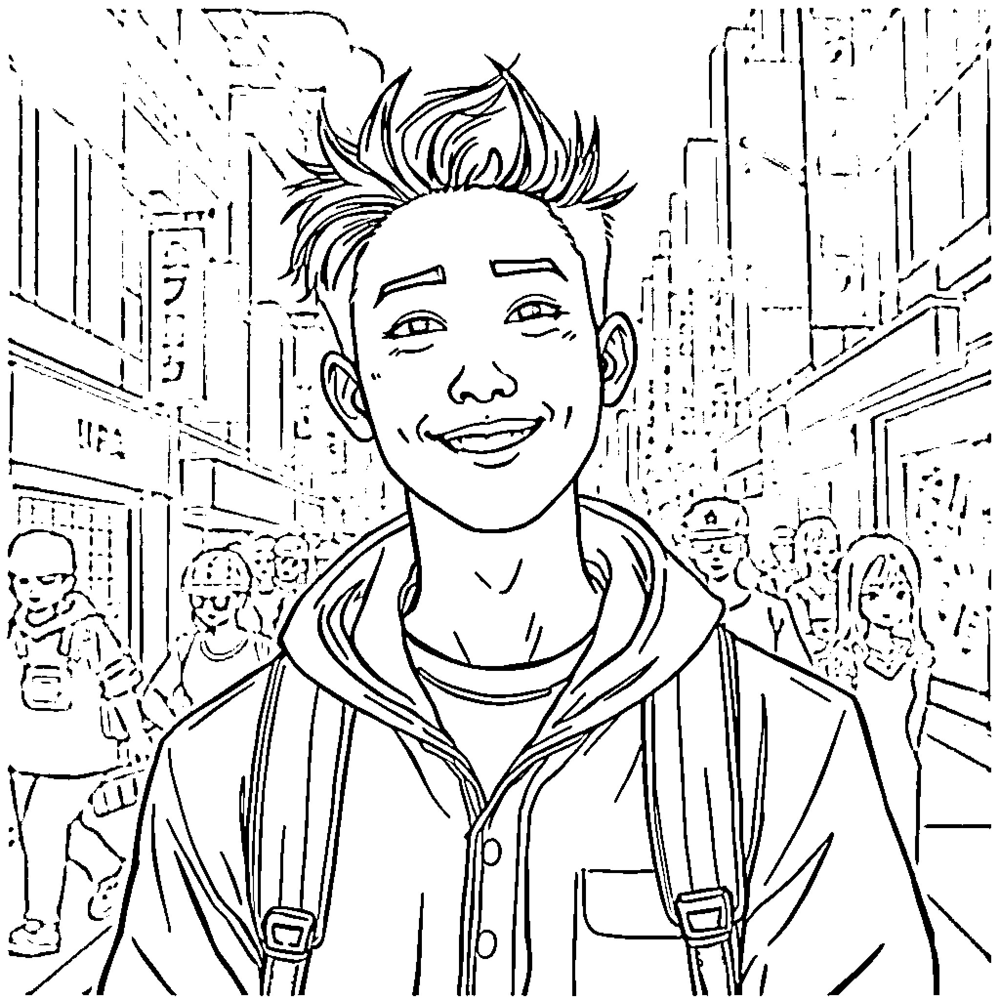 Sato's Vibrant City Adventure Coloring Page (free black-and-white line drawing printable PDF for all, from beginners to advanced learners, including children, teens, adults, and seniors)