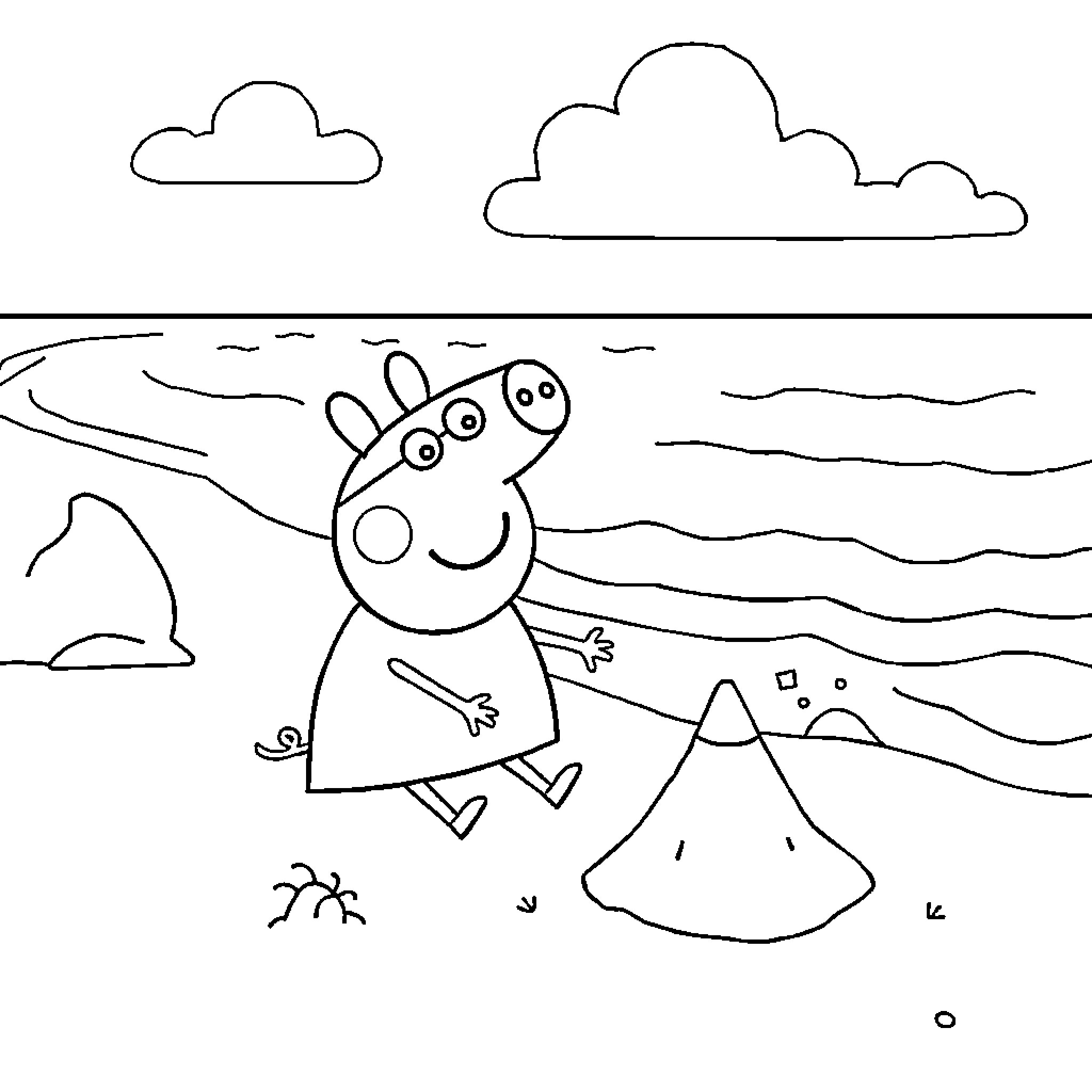 Peppa Pig enjoying the beach scene Coloring Page (free black-and-white line drawing printable PDF for all, from beginners to advanced learners, including children, teens, adults, and seniors)