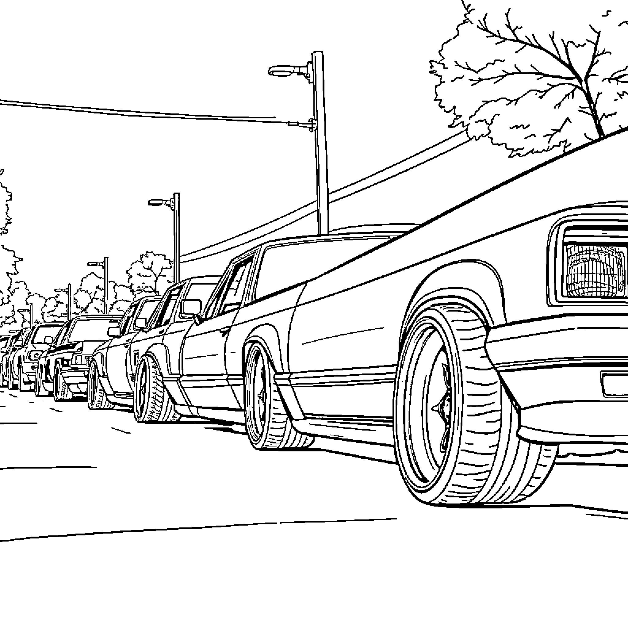 Cars parked on the street with a tree in the background Coloring Page (free black-and-white line drawing printable PDF for all, from beginners to advanced learners, including children, teens, adults, and seniors)