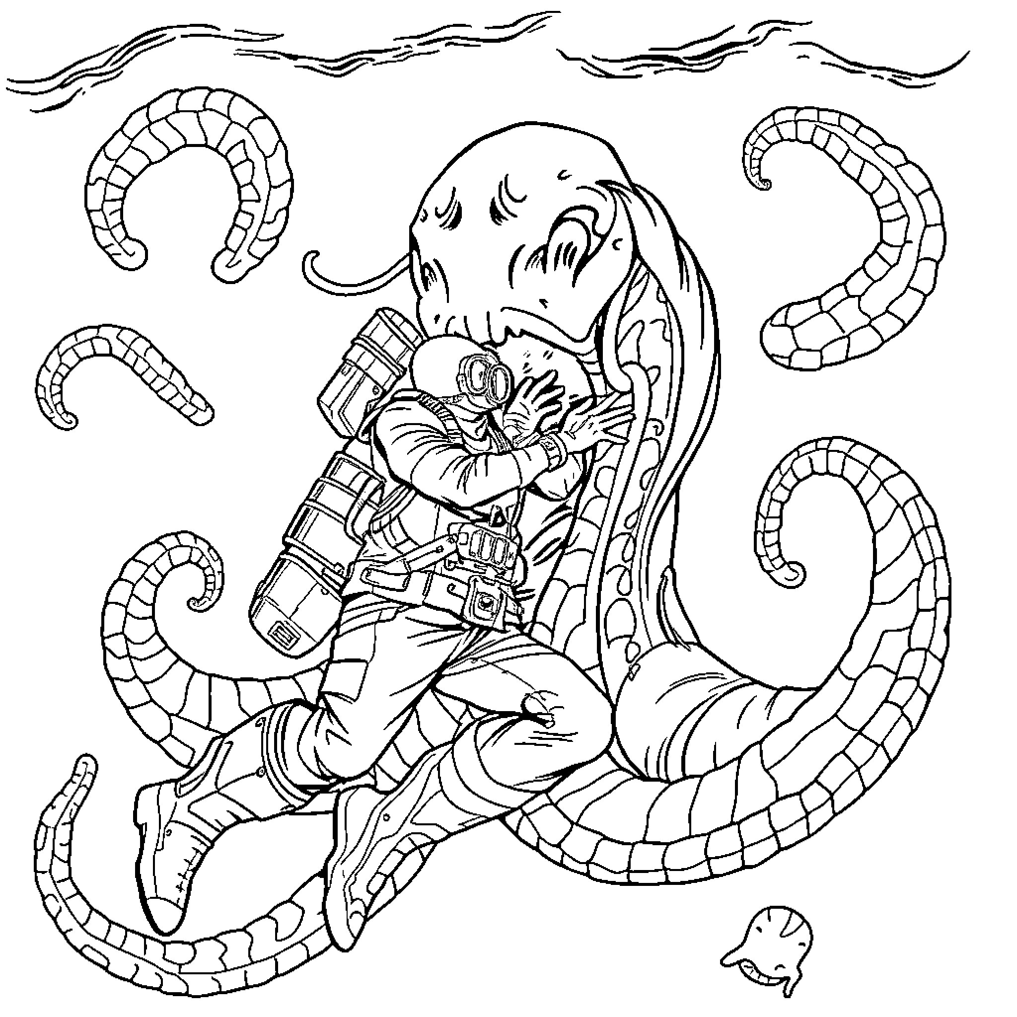 Deep Sea Diver Battling Dangerous Creatures Coloring Page (free black-and-white line drawing printable PDF for all, from beginners to advanced learners, including children, teens, adults, and seniors)