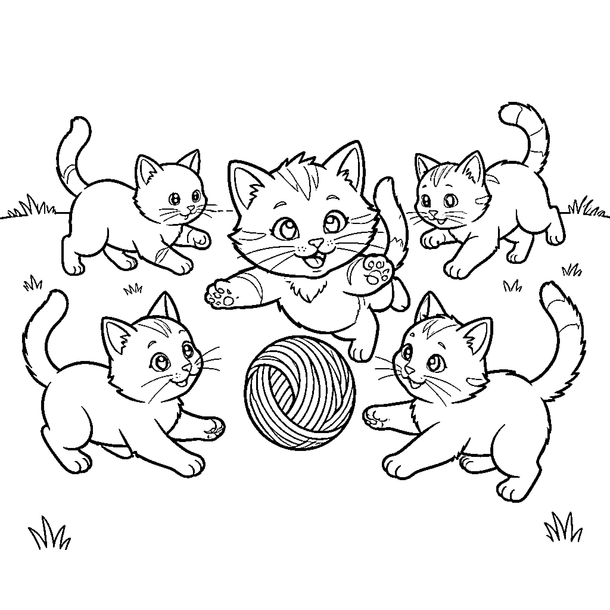 Gatito Kittens Playing Happily with Yarn Ball Coloring Page (free black-and-white line drawing printable PDF for all, from beginners to advanced learners, including children, teens, adults, and seniors)