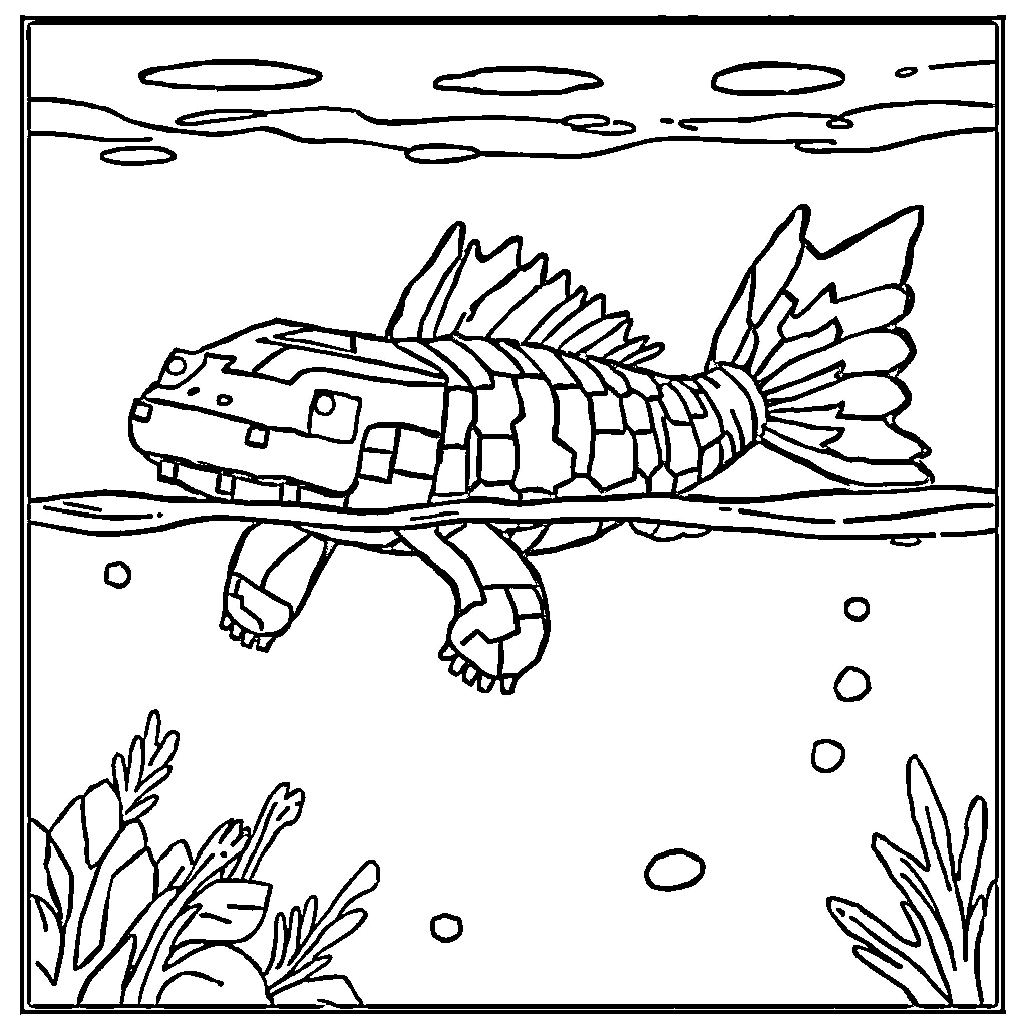 Axolotl swimming in underwater scene Coloring Page (free black-and-white line drawing printable PDF for all, from beginners to advanced learners, including children, teens, adults, and seniors)