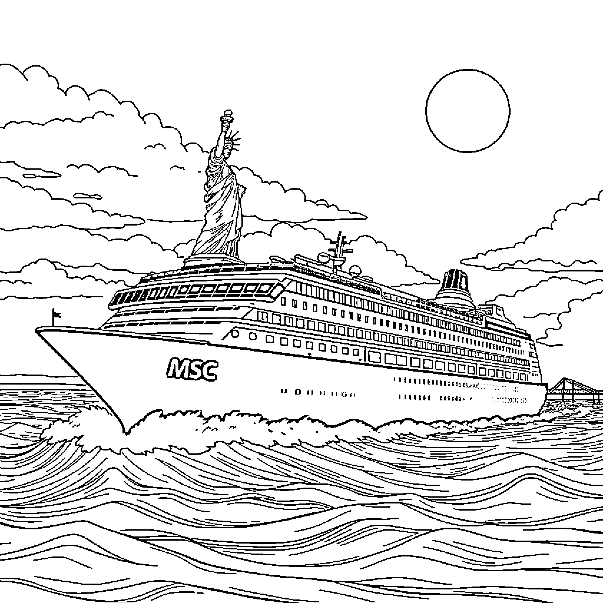 Cruise Ship Sailing Across the Open Sea Coloring Page (free black-and-white line drawing printable PDF for all, from beginners to advanced learners, including children, teens, adults, and seniors)
