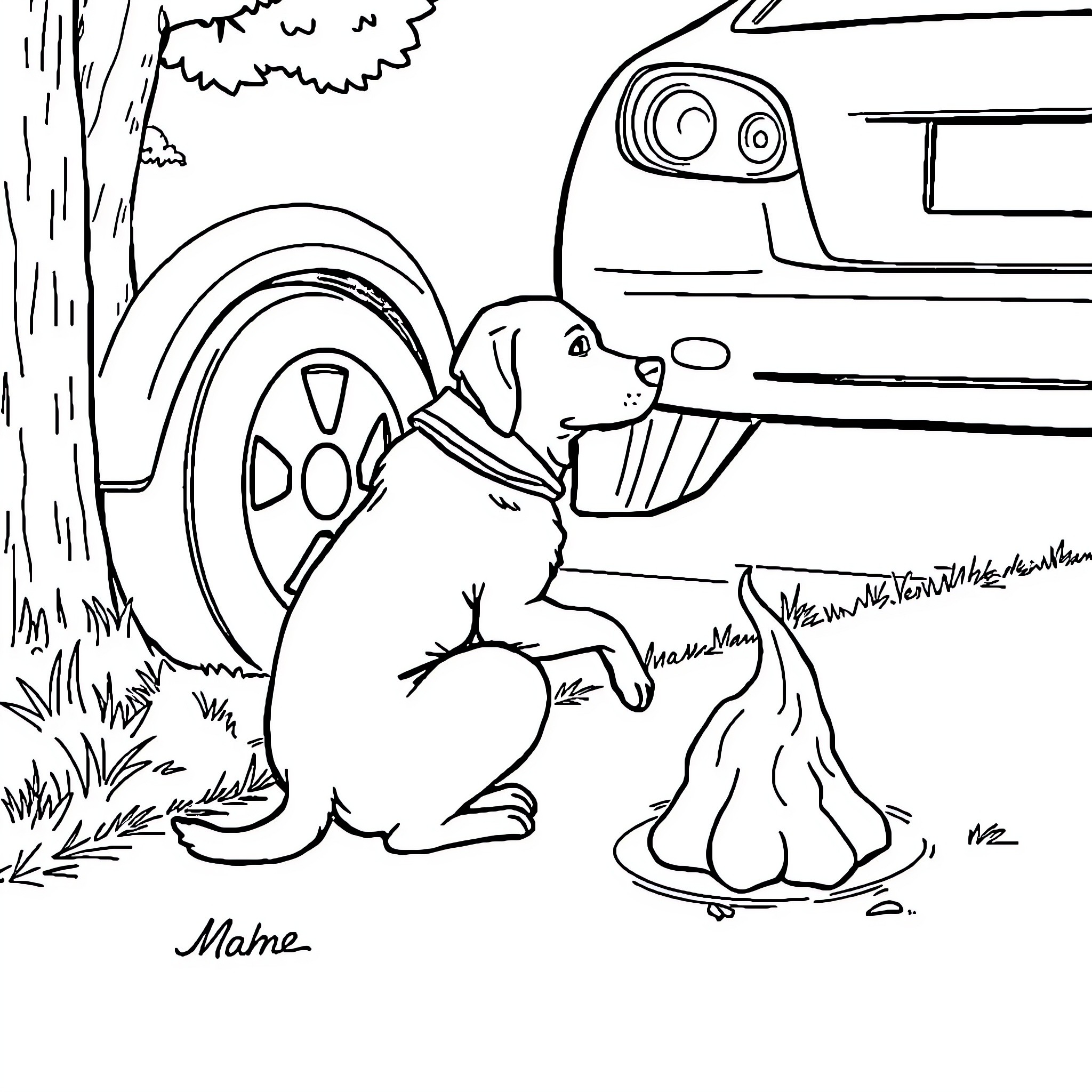 Dog exploring car in the park Coloring Page (free black-and-white line drawing printable PDF for all, from beginners to advanced learners, including children, teens, adults, and seniors)
