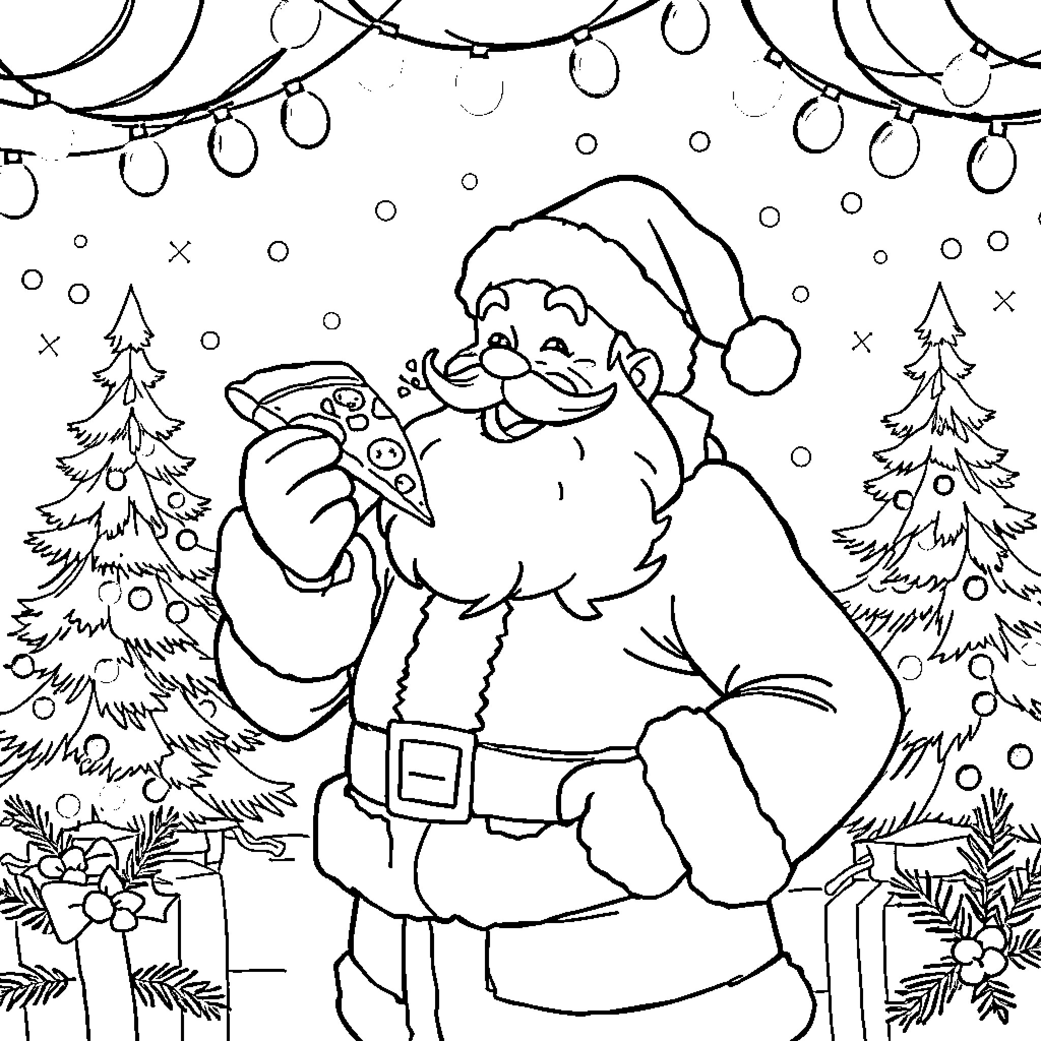 Santa Claus Enjoying a Snowy Christmas Scene Coloring Page (free black-and-white line drawing printable PDF for all, from beginners to advanced learners, including children, teens, adults, and seniors)