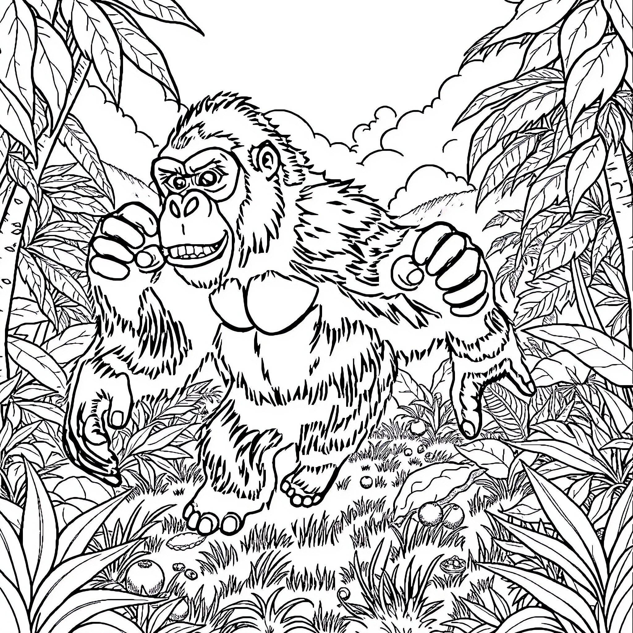 Gorilla fiercely stomping through the jungle foliage Coloring Page (free black-and-white line drawing printable PDF for all, from beginners to advanced learners, including children, teens, adults, and seniors)