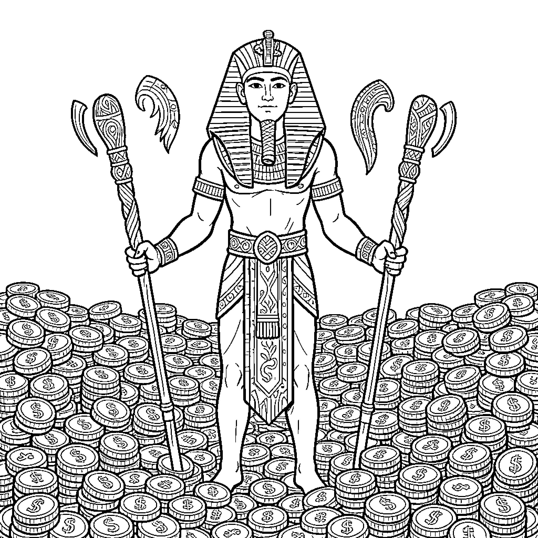 Faraón standing amidst piles of treasures Coloring Page (free black-and-white line drawing printable PDF for all, from beginners to advanced learners, including children, teens, adults, and seniors)