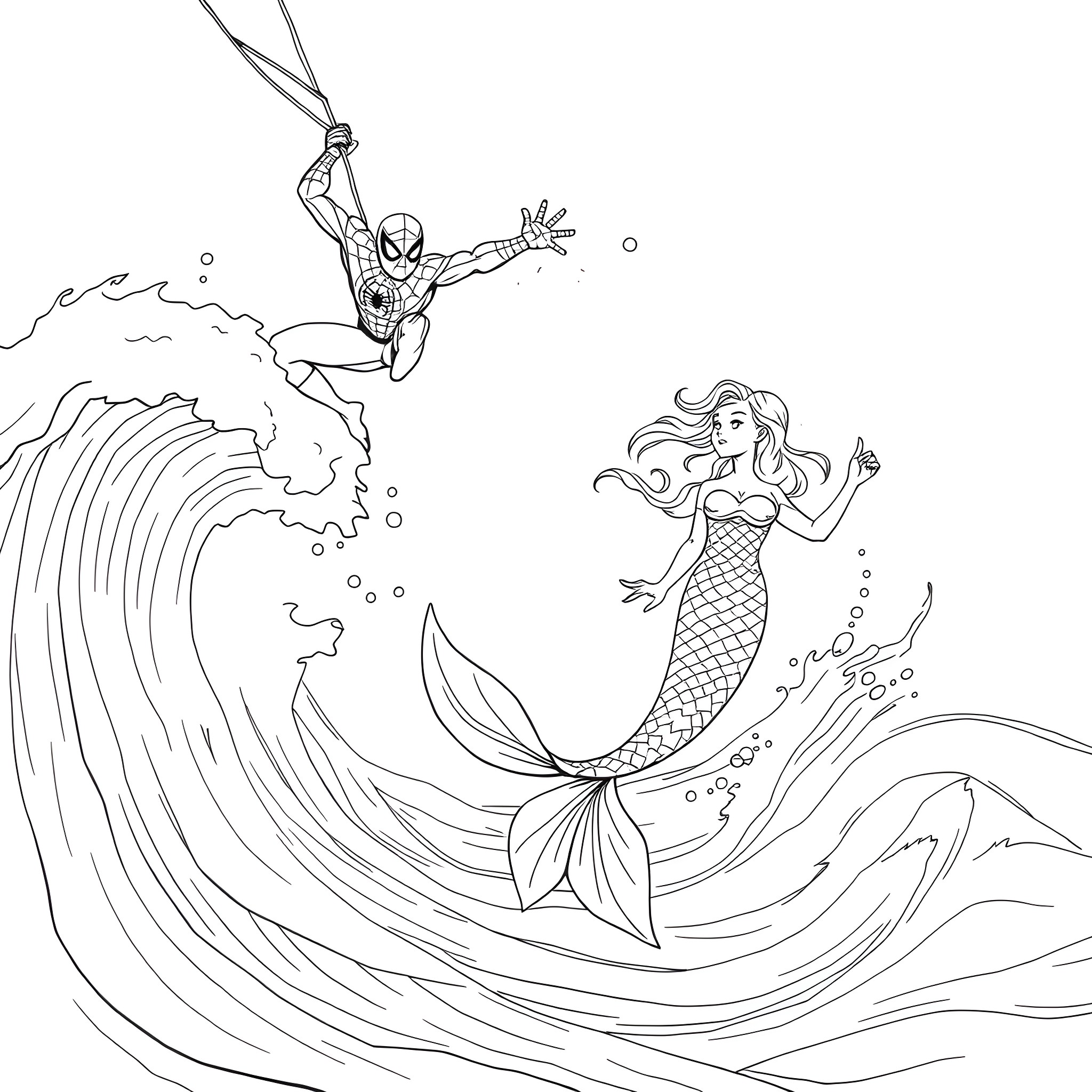 Mermaid and Spiderman swimming in the ocean Coloring Page (free black-and-white line drawing printable PDF for all, from beginners to advanced learners, including children, teens, adults, and seniors)