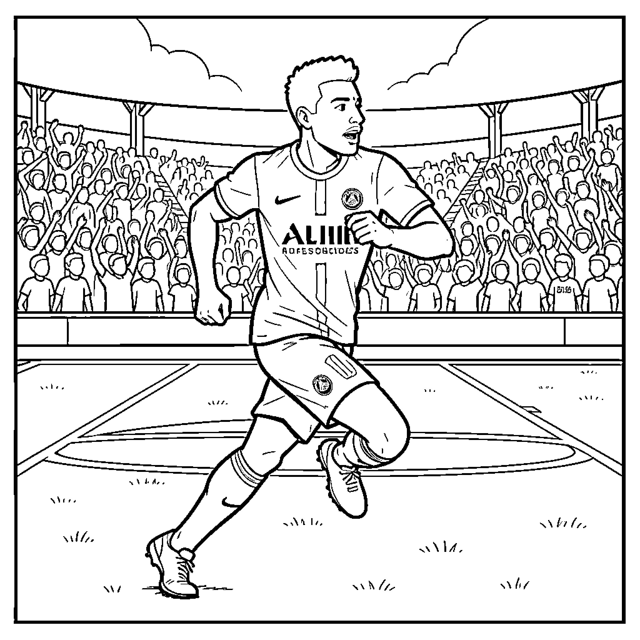 Marquinhos running across the football field during a match Coloring Page (free black-and-white line drawing printable PDF for all, from beginners to advanced learners, including children, teens, adults, and seniors)