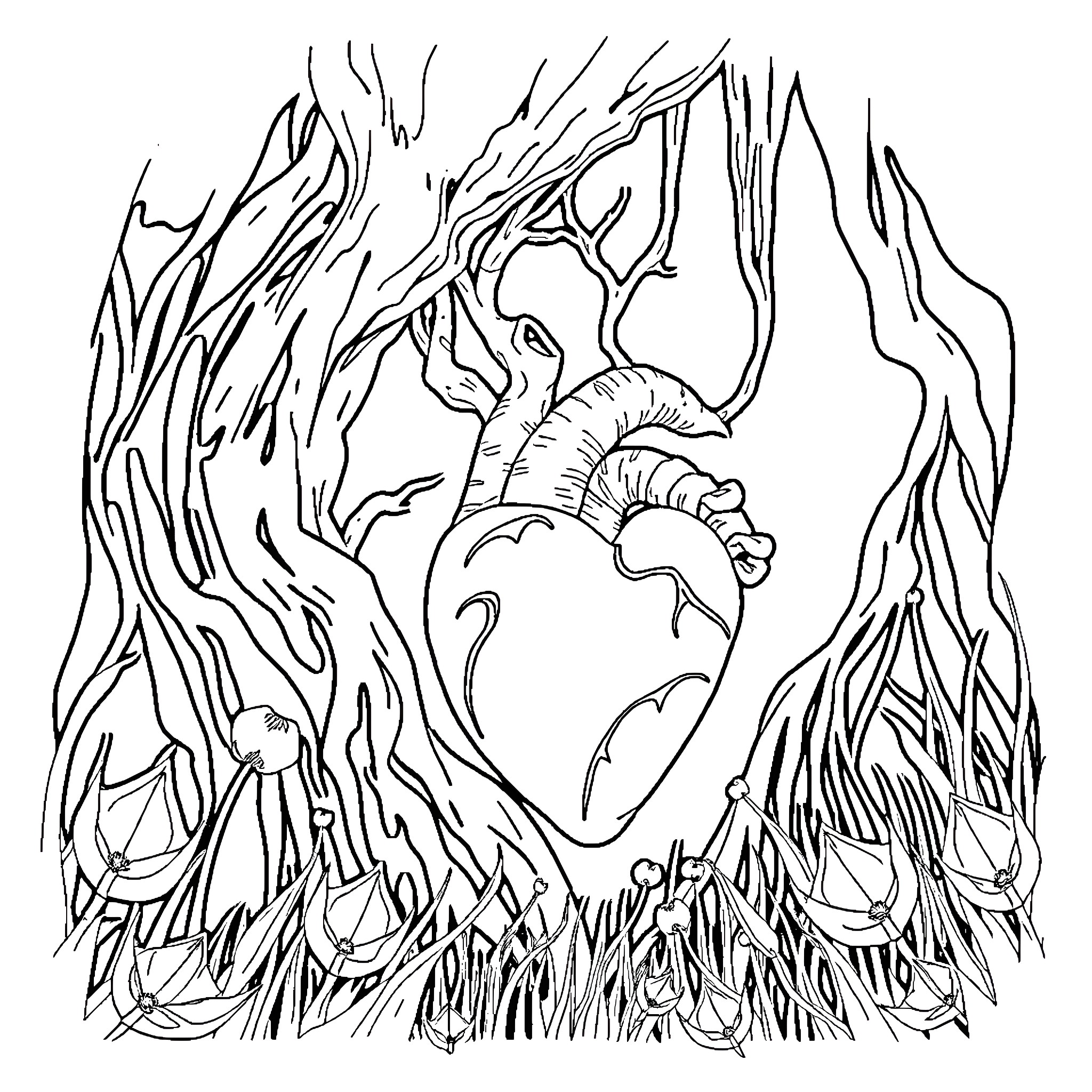 Heart blossoming in forest landscape Coloring Page (free black-and-white line drawing printable PDF for all, from beginners to advanced learners, including children, teens, adults, and seniors)