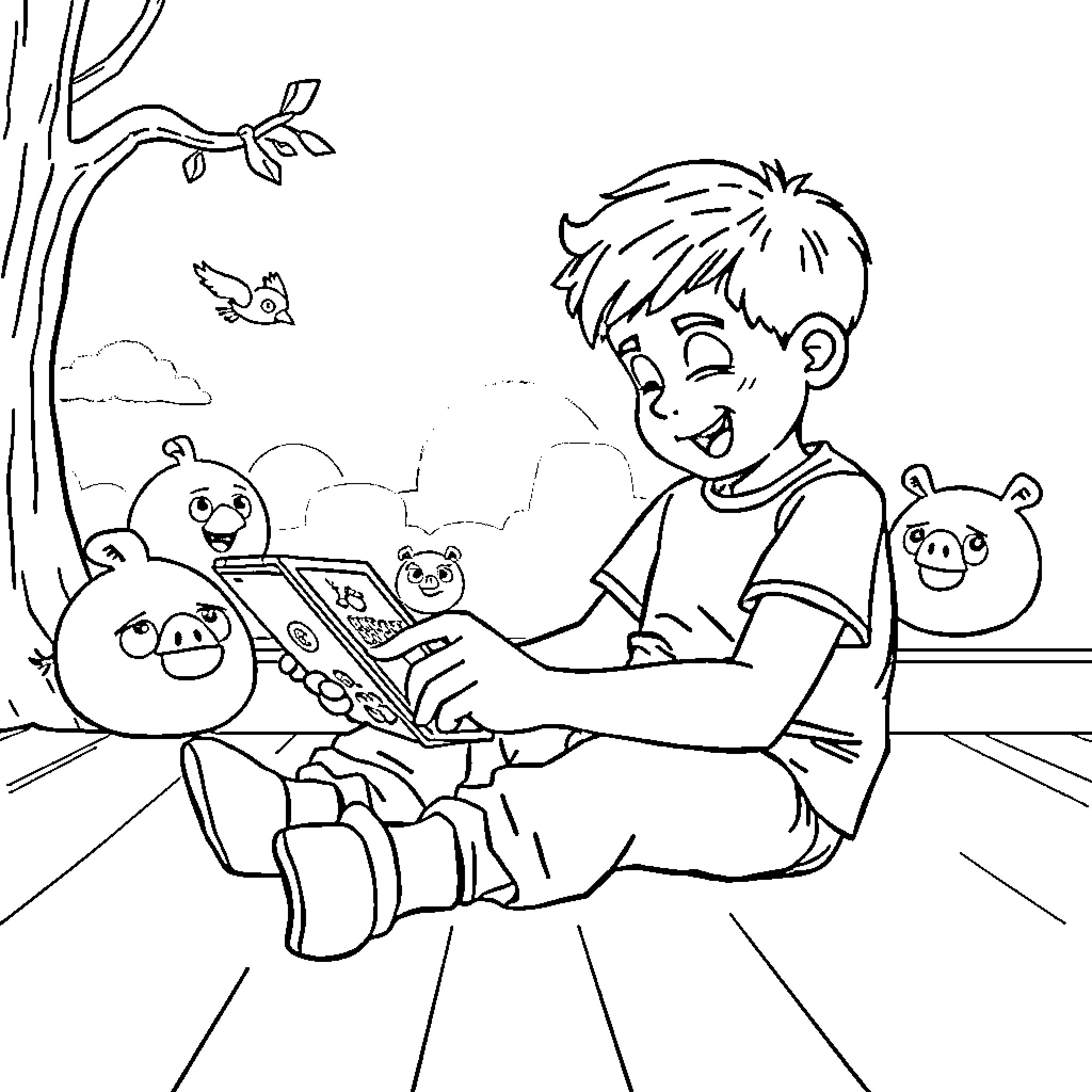 Kid playing with cartoon characters Coloring Page (free black-and-white line drawing printable PDF for all, from beginners to advanced learners, including children, teens, adults, and seniors)