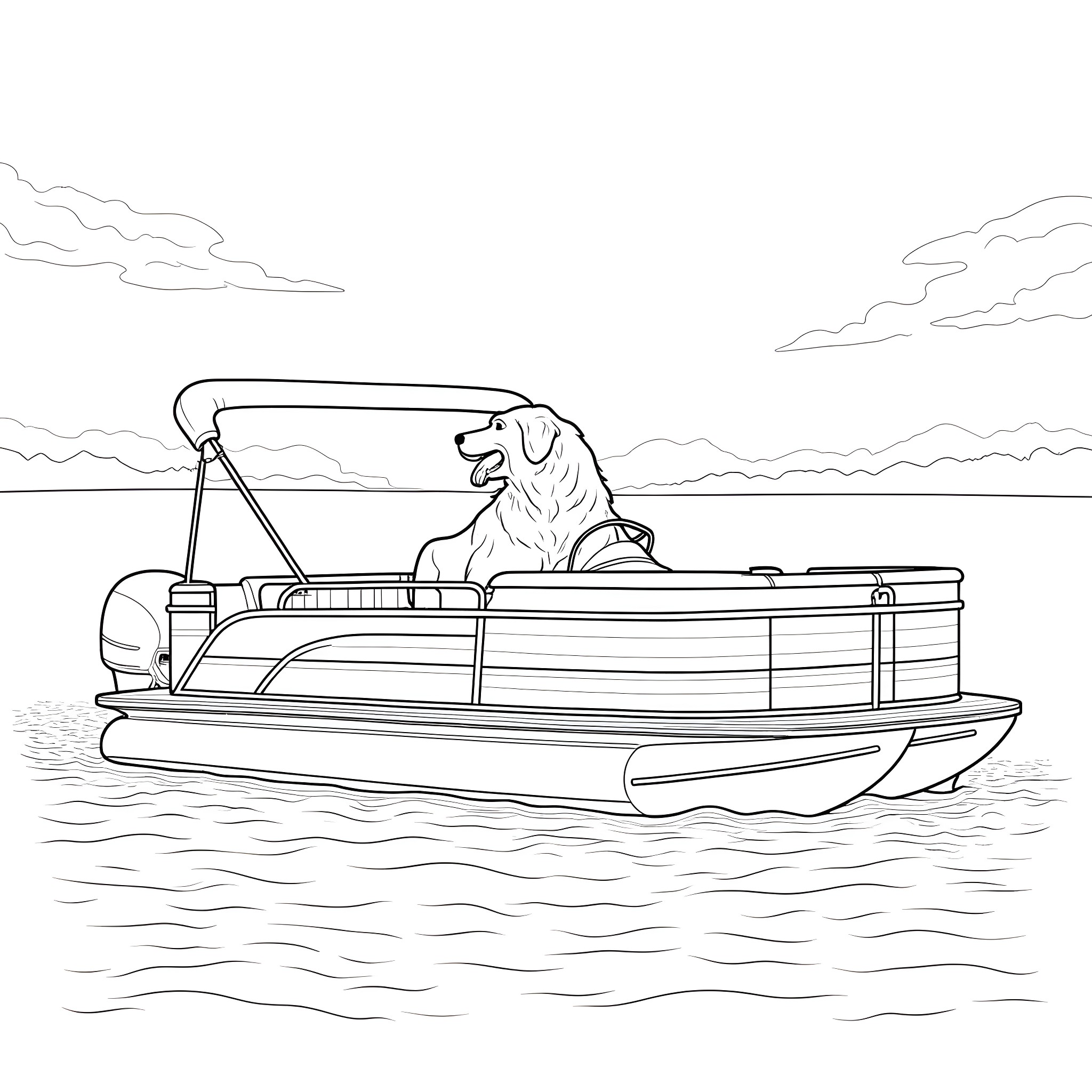 Golden Retriever enjoying a boat ride on the lake Coloring Page (free black-and-white line drawing printable PDF for all, from beginners to advanced learners, including children, teens, adults, and seniors)