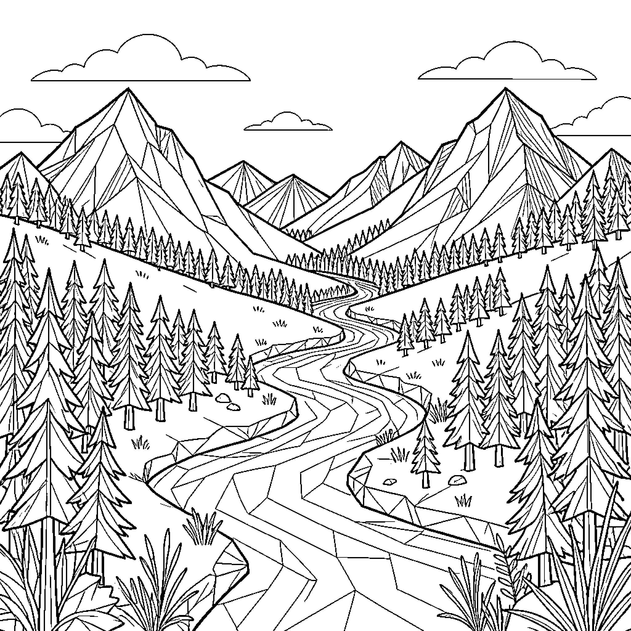 Landscape of majestic mountains and winding roads Coloring Page (free black-and-white line drawing printable PDF for all, from beginners to advanced learners, including children, teens, adults, and seniors)