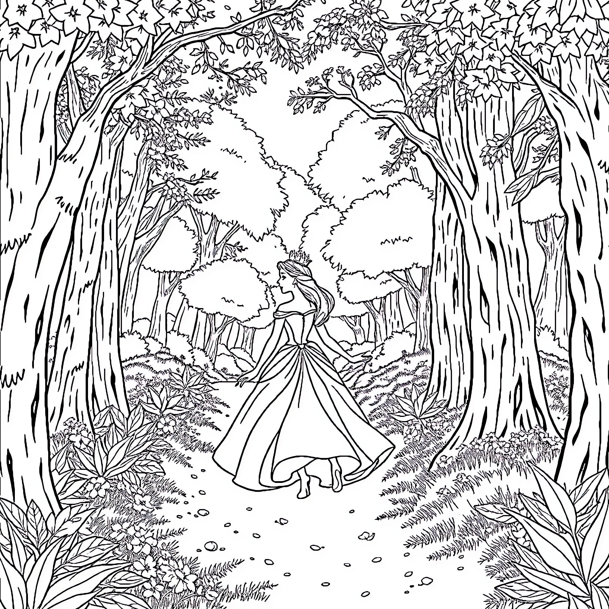 Princess Walking Through Enchanted Forest Coloring Page (free black-and-white line drawing printable PDF for all, from beginners to advanced learners, including children, teens, adults, and seniors)