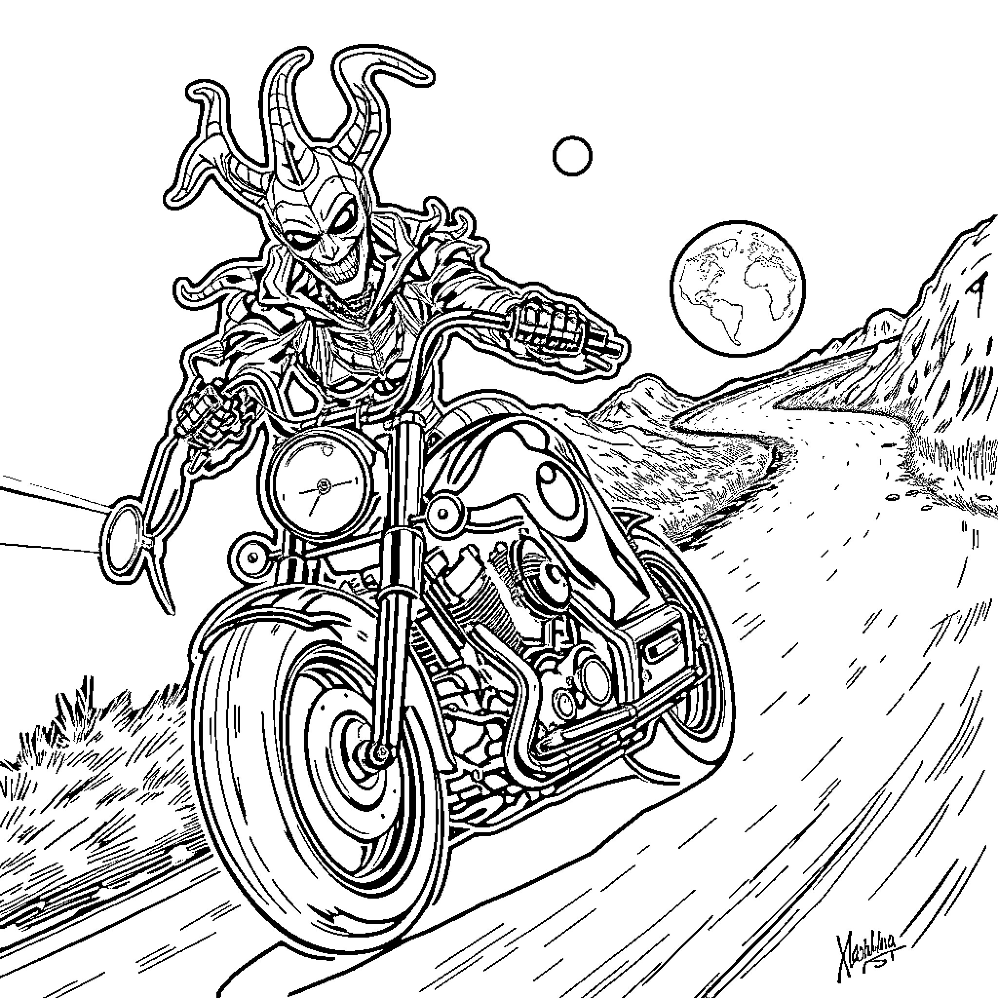 Vecna's Hellish Motorcycle Ride Through Rugged Terrain Coloring Page (free black-and-white line drawing printable PDF for all, from beginners to advanced learners, including children, teens, adults, and seniors)