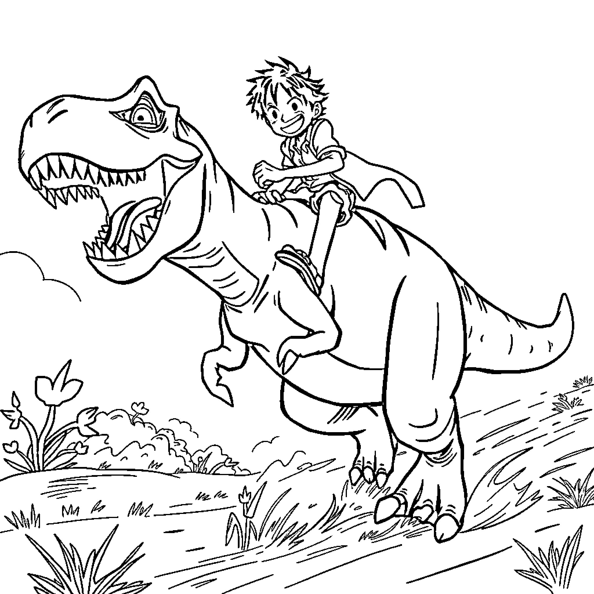 Luffy riding fearless dinosaur in the wild Coloring Page (free black-and-white line drawing printable PDF for all, from beginners to advanced learners, including children, teens, adults, and seniors)