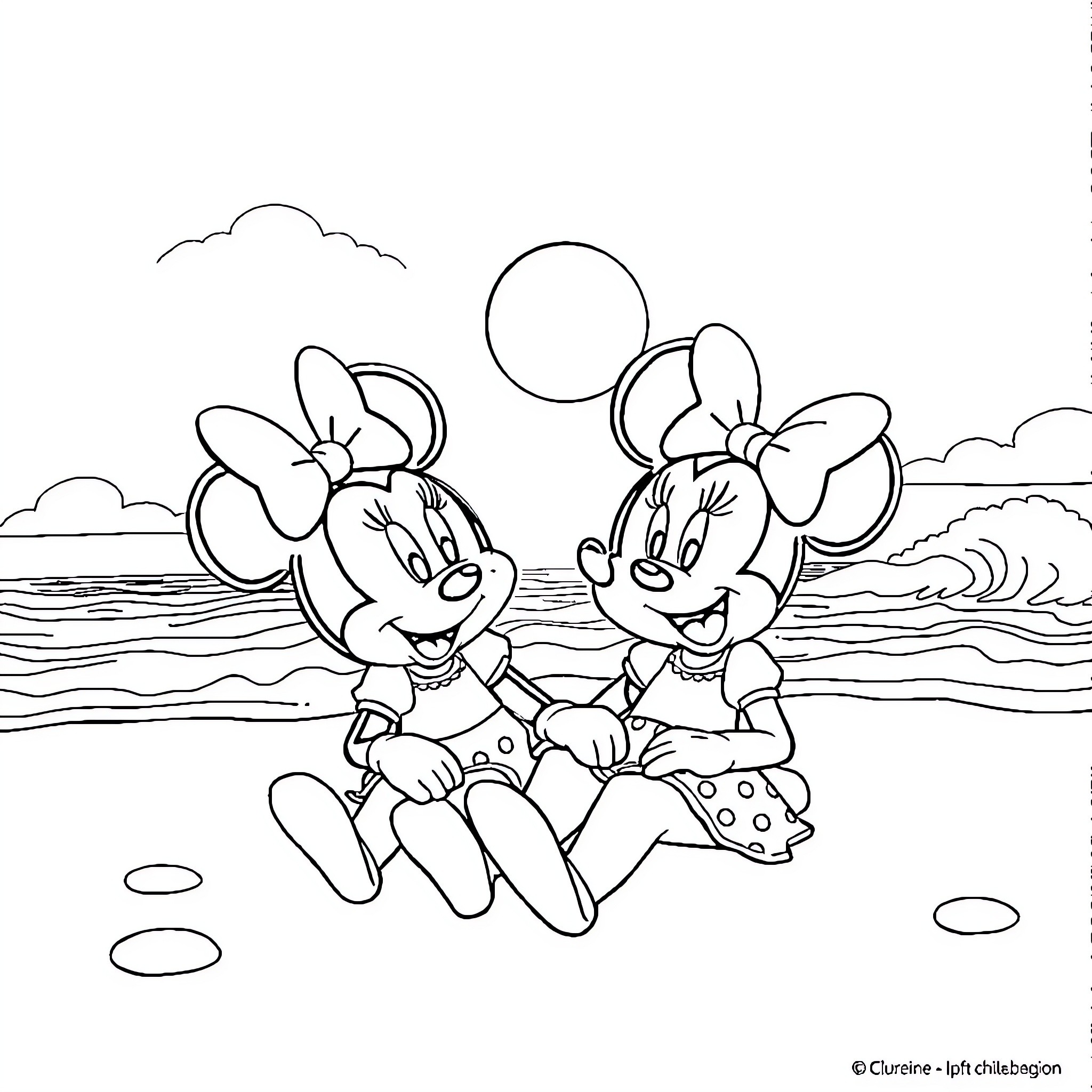 Minnie and friends enjoying the beach Coloring Page (free black-and-white line drawing printable PDF for all, from beginners to advanced learners, including children, teens, adults, and seniors)
