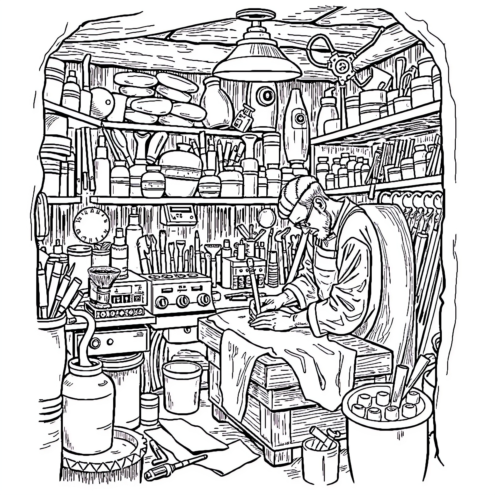 Embalmer's Workspace: Tools, Machinery, and Intricate Preparations Coloring Page (free black-and-white line drawing printable PDF for all, from beginners to advanced learners, including children, teens, adults, and seniors)