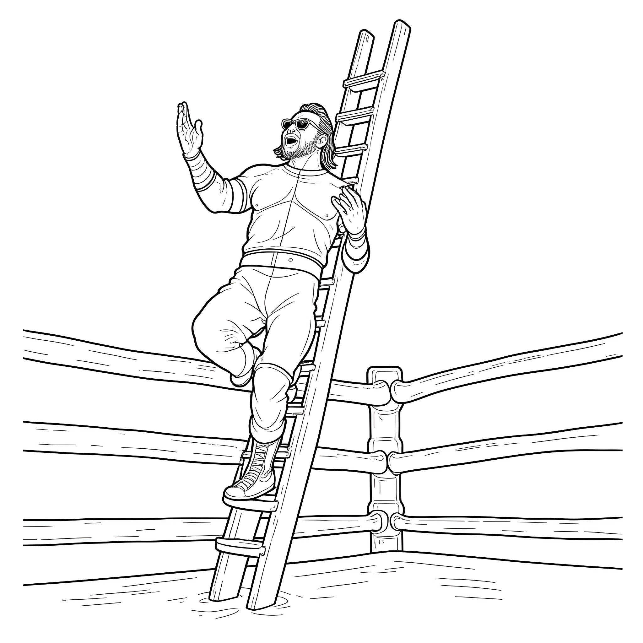 Jeff Hardy Climbing the Turnbuckle in Wrestling Ring Coloring Page (free black-and-white line drawing printable PDF for all, from beginners to advanced learners, including children, teens, adults, and seniors)