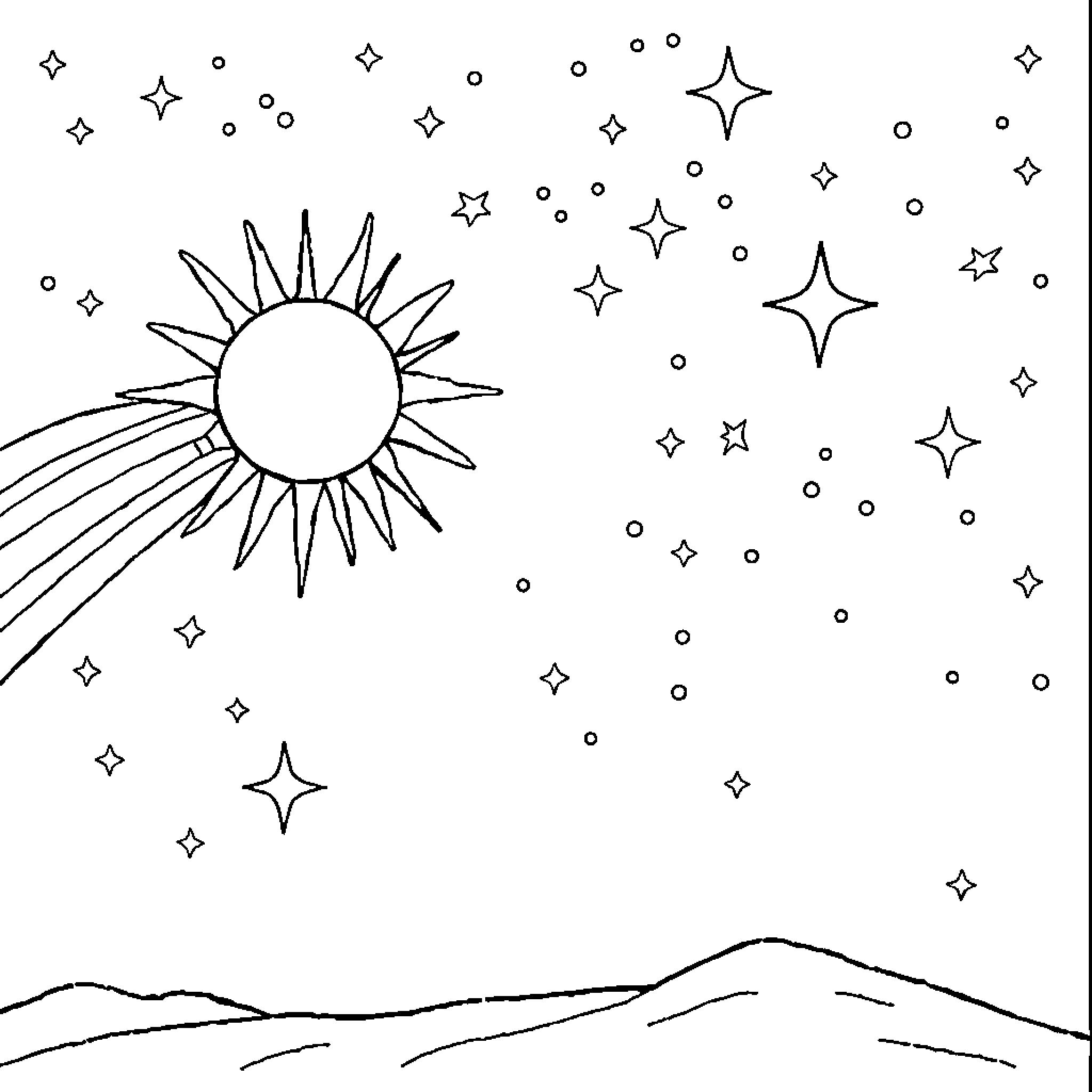 Star-filled sky with radiant sun over landscape Coloring Page (free black-and-white line drawing printable PDF for all, from beginners to advanced learners, including children, teens, adults, and seniors)