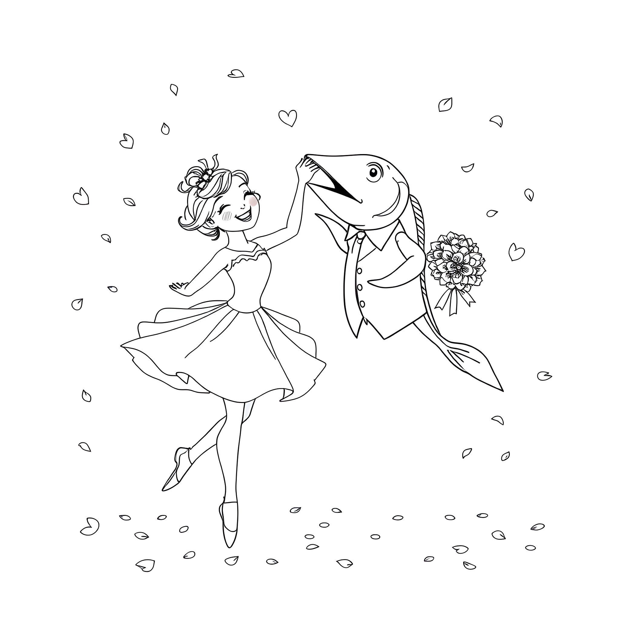 Ballerina and her Aquatic Dance Partner Coloring Page (free black-and-white line drawing printable PDF for all, from beginners to advanced learners, including children, teens, adults, and seniors)