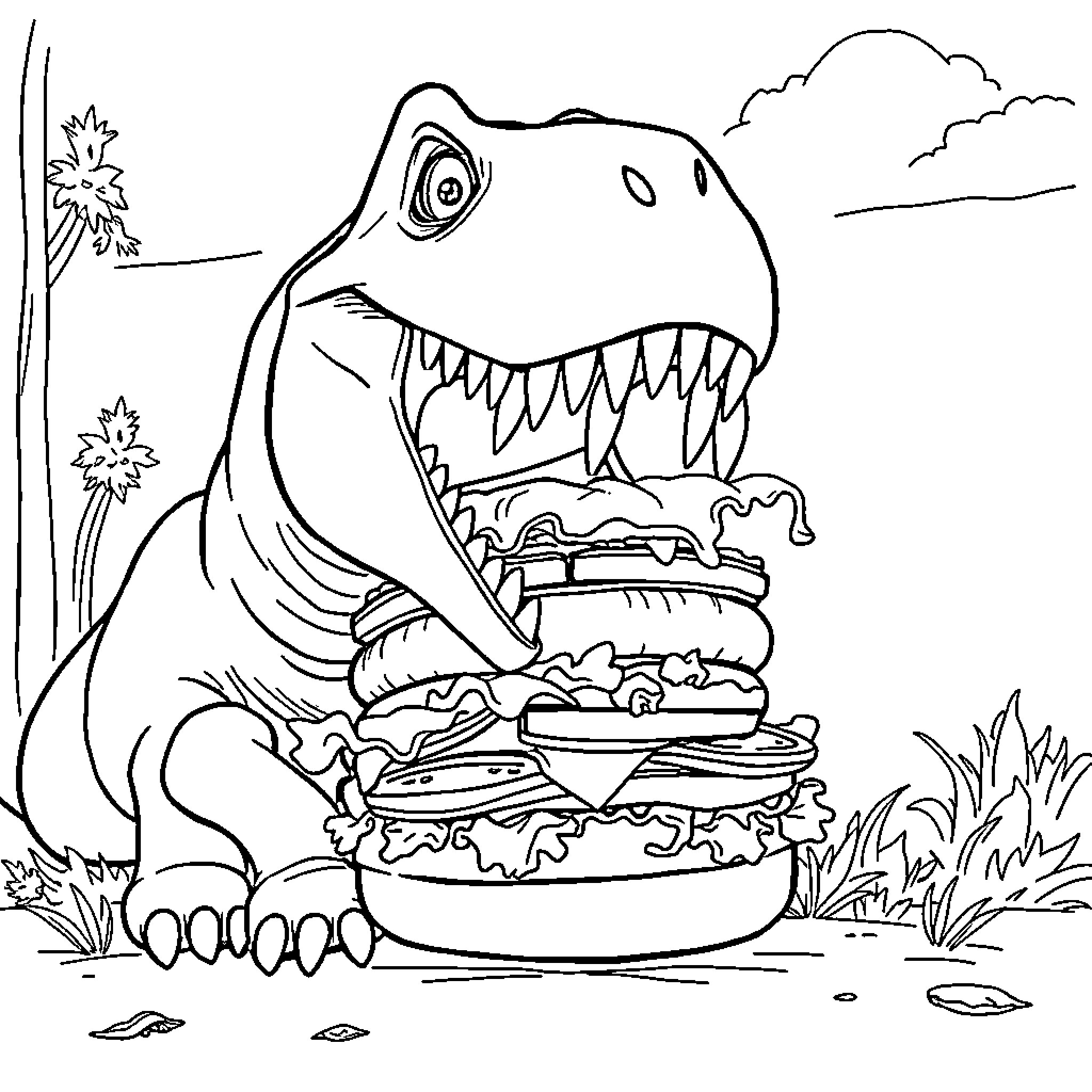 Dinosaur devouring a giant hamburger in nature Coloring Page (free black-and-white line drawing printable PDF for all, from beginners to advanced learners, including children, teens, adults, and seniors)