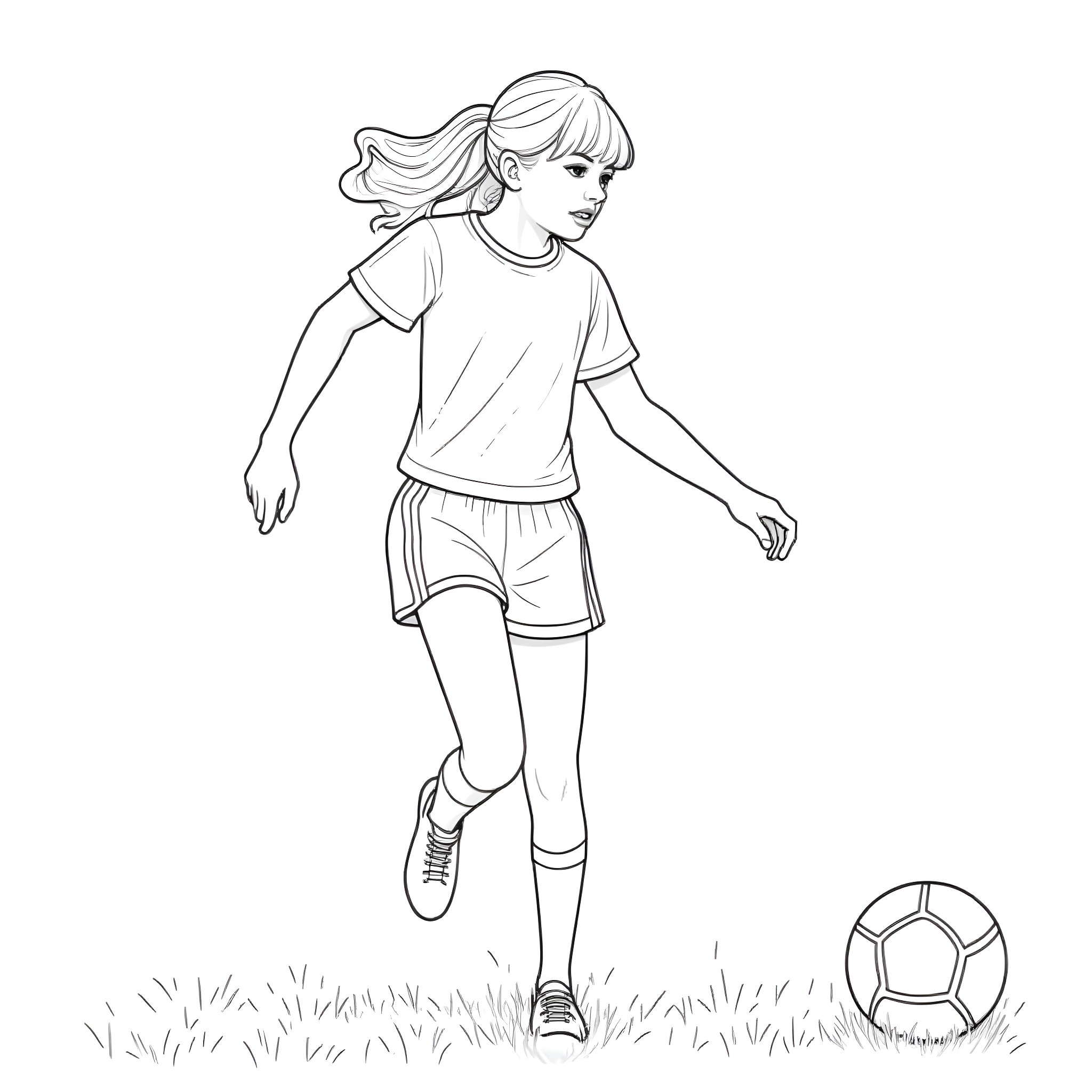 Taylor Swift playing with a soccer ball in the park Coloring Page (free black-and-white line drawing printable PDF for all, from beginners to advanced learners, including children, teens, adults, and seniors)