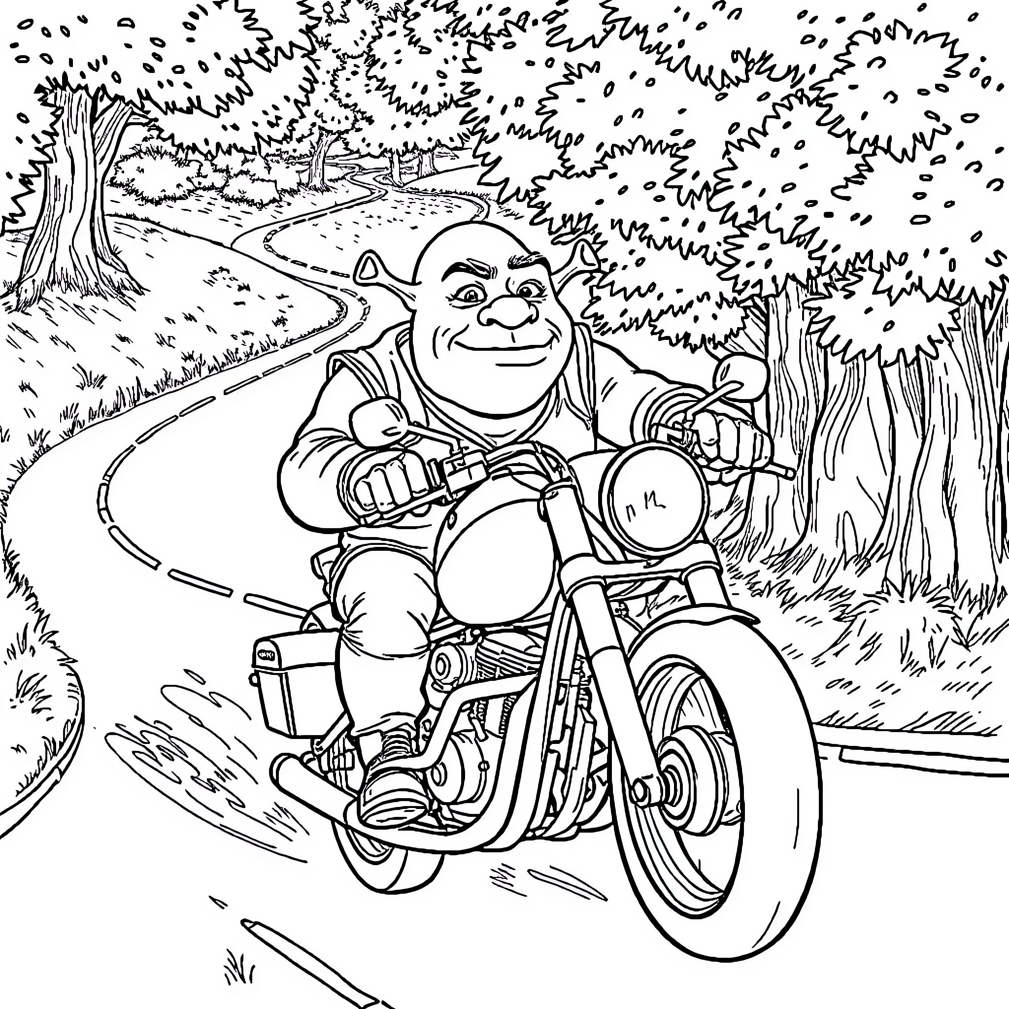 Shrek riding a motorcycle through the forest Coloring Page (free black-and-white line drawing printable PDF for all, from beginners to advanced learners, including children, teens, adults, and seniors)