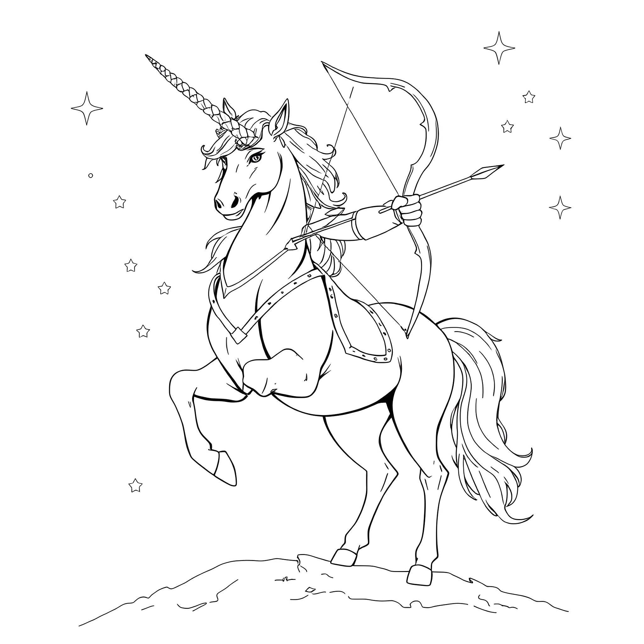 Sagittarius the Magical Unicorn Archer Coloring Page (free black-and-white line drawing printable PDF for all, from beginners to advanced learners, including children, teens, adults, and seniors)