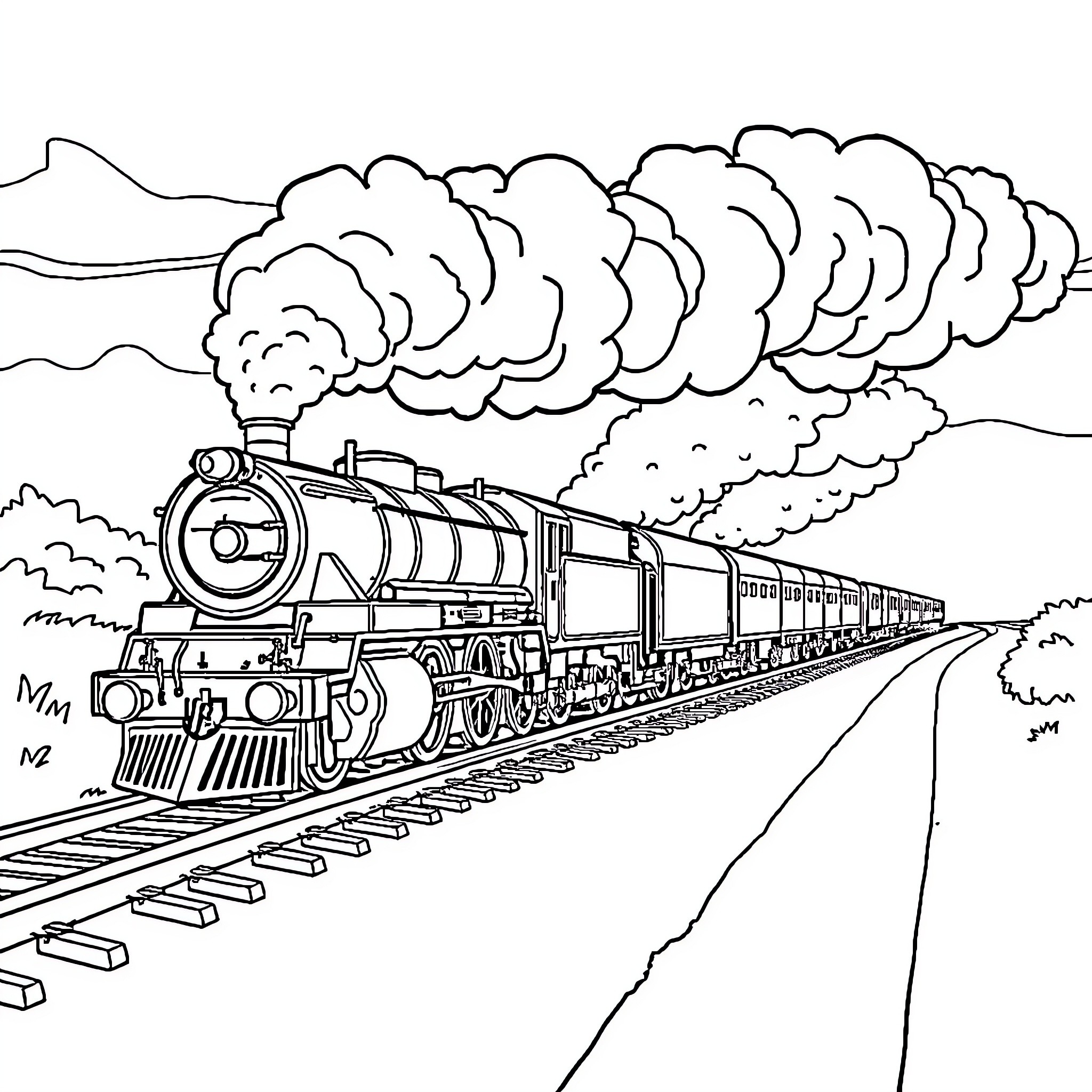 Steam Train Traveling Through Scenic Landscape Coloring Page (free black-and-white line drawing printable PDF for all, from beginners to advanced learners, including children, teens, adults, and seniors)