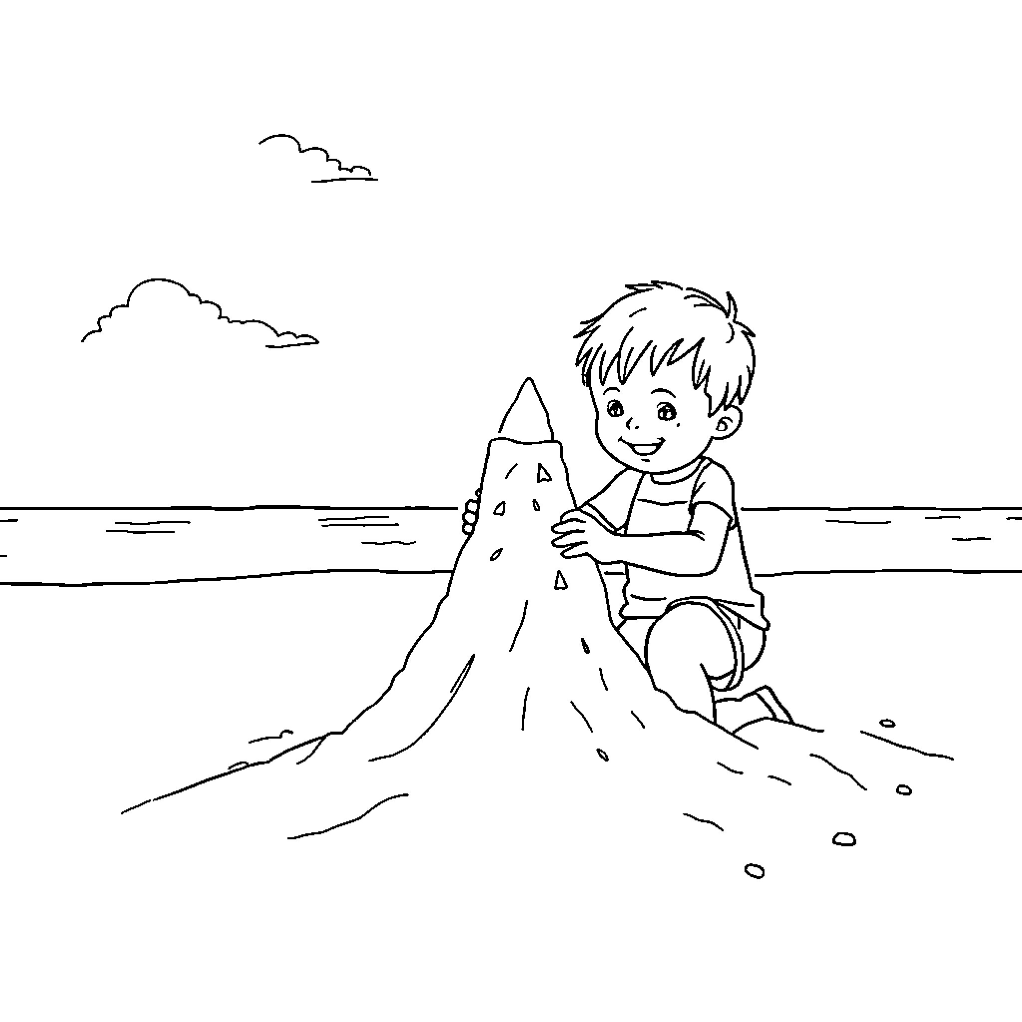 Child building a sandcastle on the beach Coloring Page (free black-and-white line drawing printable PDF for all, from beginners to advanced learners, including children, teens, adults, and seniors)