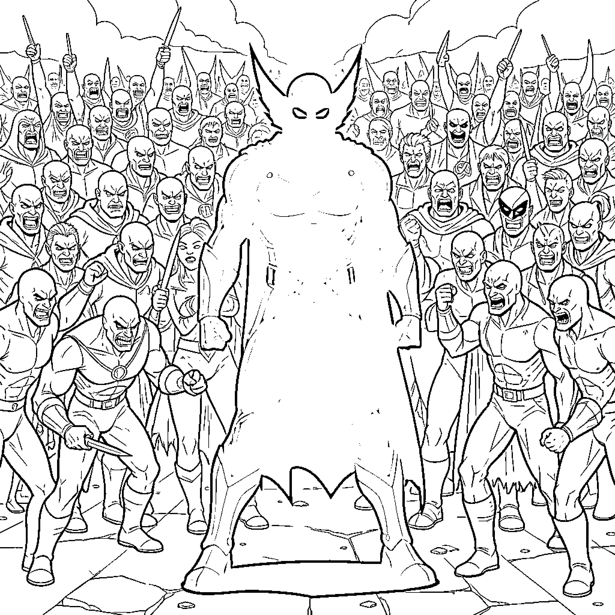 Shadow of Heroic Figures in Action Coloring Page (free black-and-white line drawing printable PDF for all, from beginners to advanced learners, including children, teens, adults, and seniors)