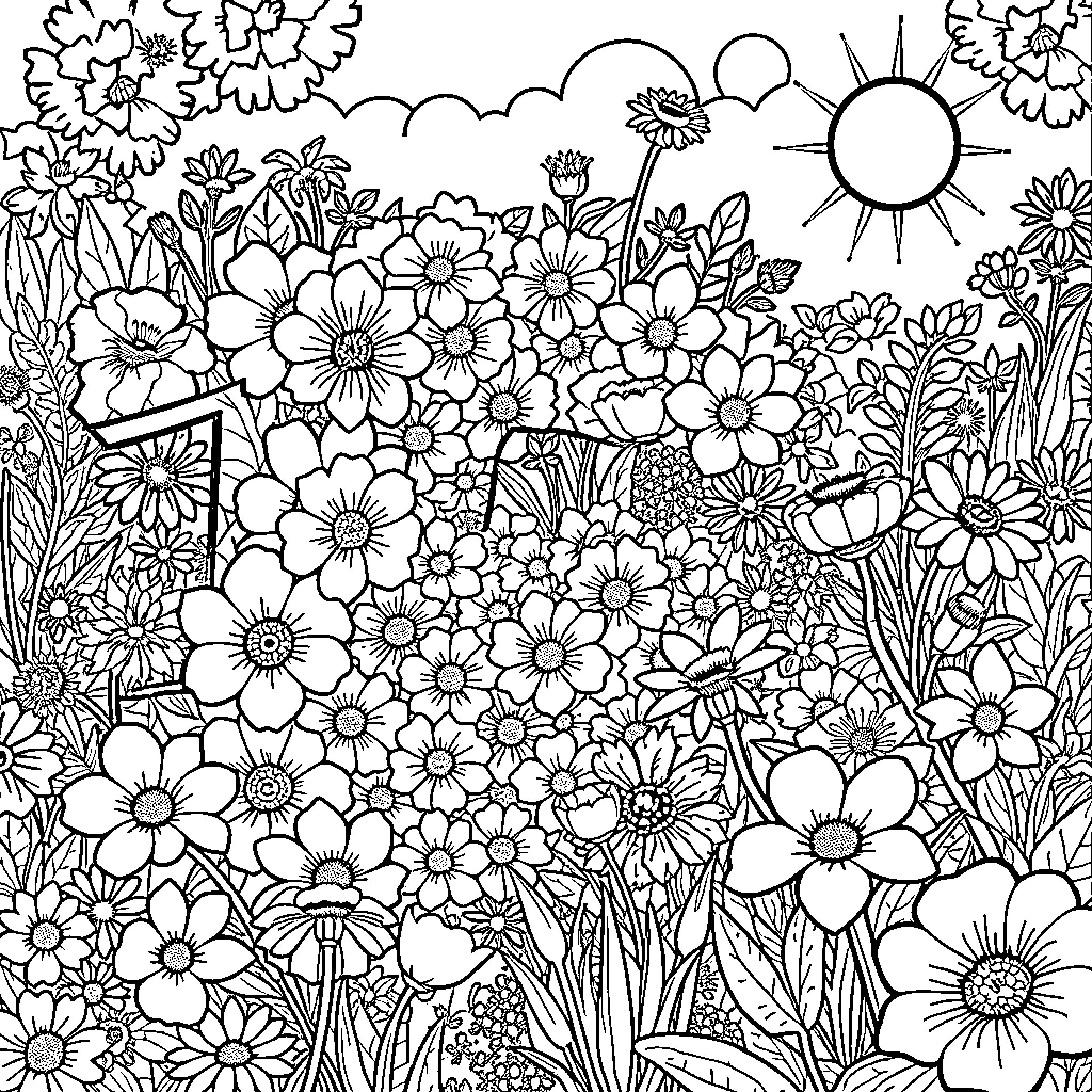 Floral Number with Blooming Flowers and Sunshine Coloring Page (free black-and-white line drawing printable PDF for all, from beginners to advanced learners, including children, teens, adults, and seniors)