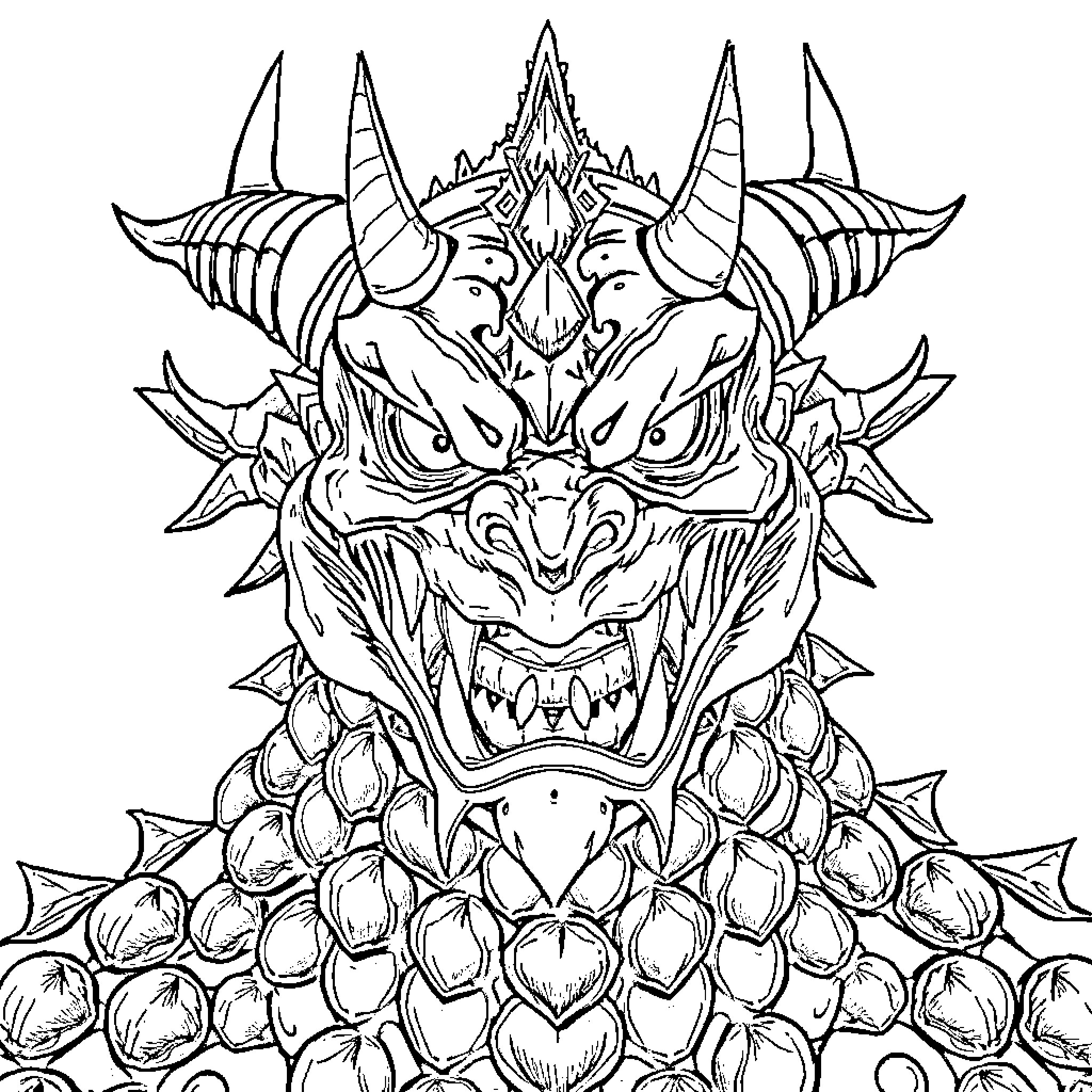 Mahoraga, the Fearsome Serpent-Demon in Battle Regalia Coloring Page (free black-and-white line drawing printable PDF for all, from beginners to advanced learners, including children, teens, adults, and seniors)