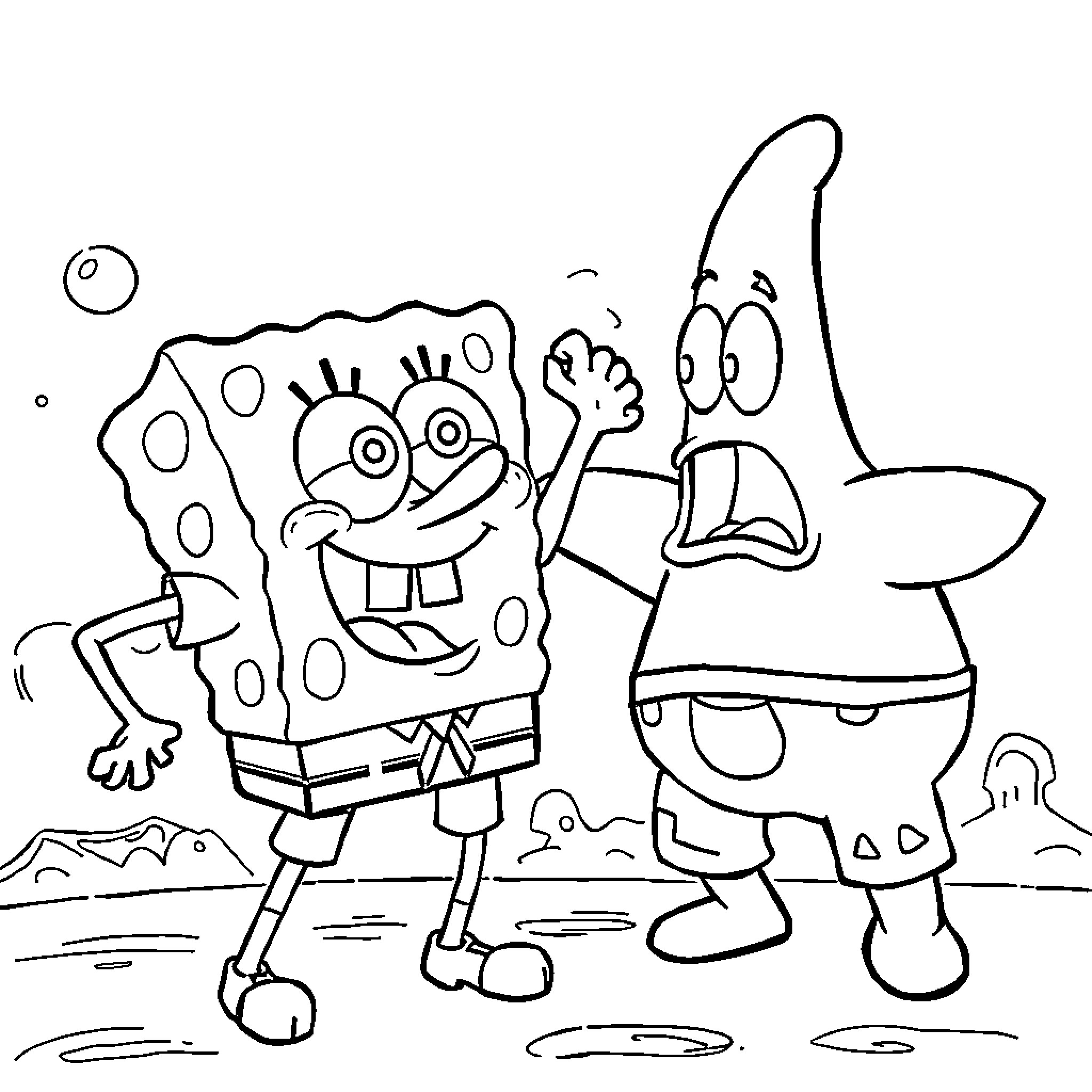Spongebob and Patrick having fun outdoors Coloring Page (free black-and-white line drawing printable PDF for all, from beginners to advanced learners, including children, teens, adults, and seniors)