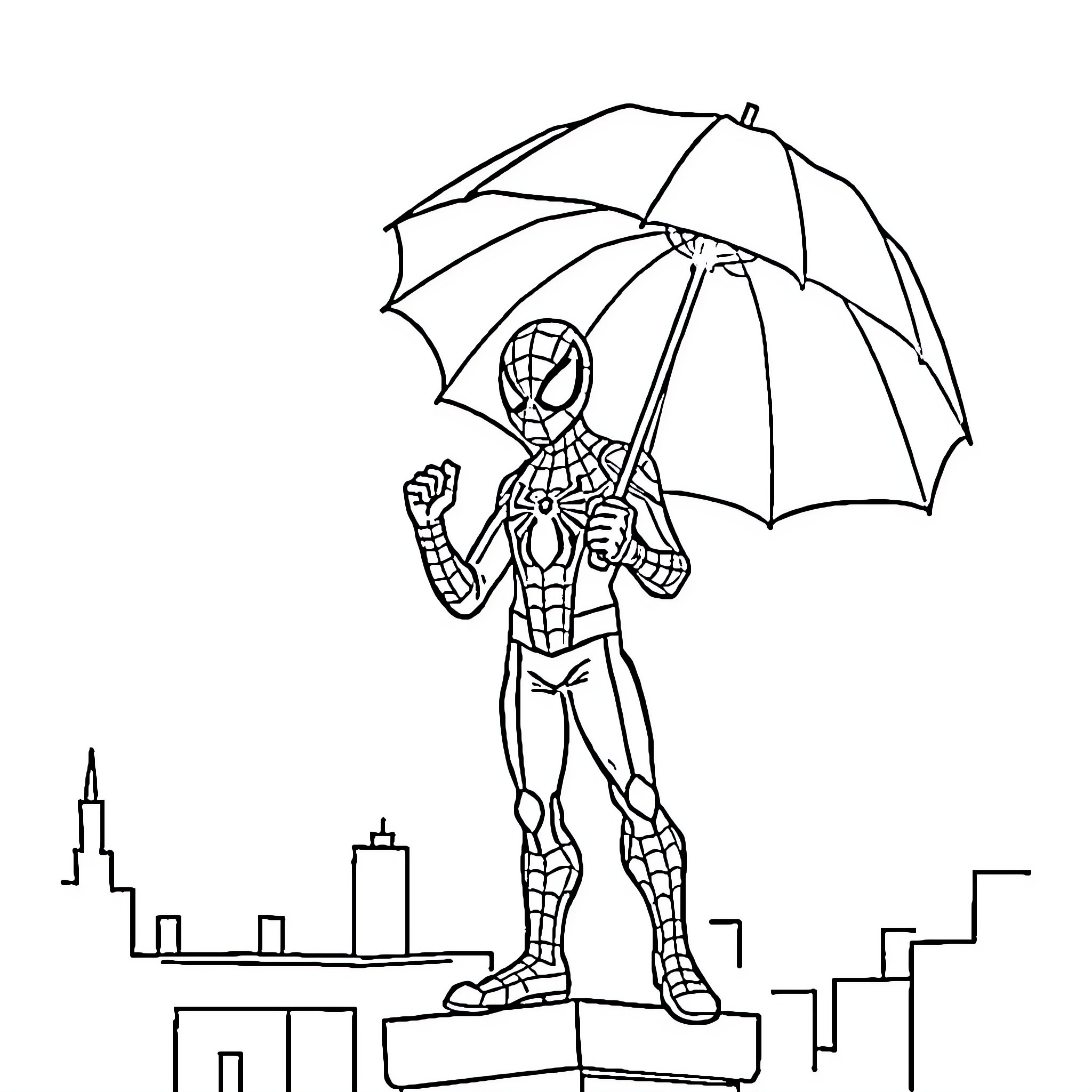 Spiderman standing proudly with umbrella in the city Coloring Page (free black-and-white line drawing printable PDF for all, from beginners to advanced learners, including children, teens, adults, and seniors)