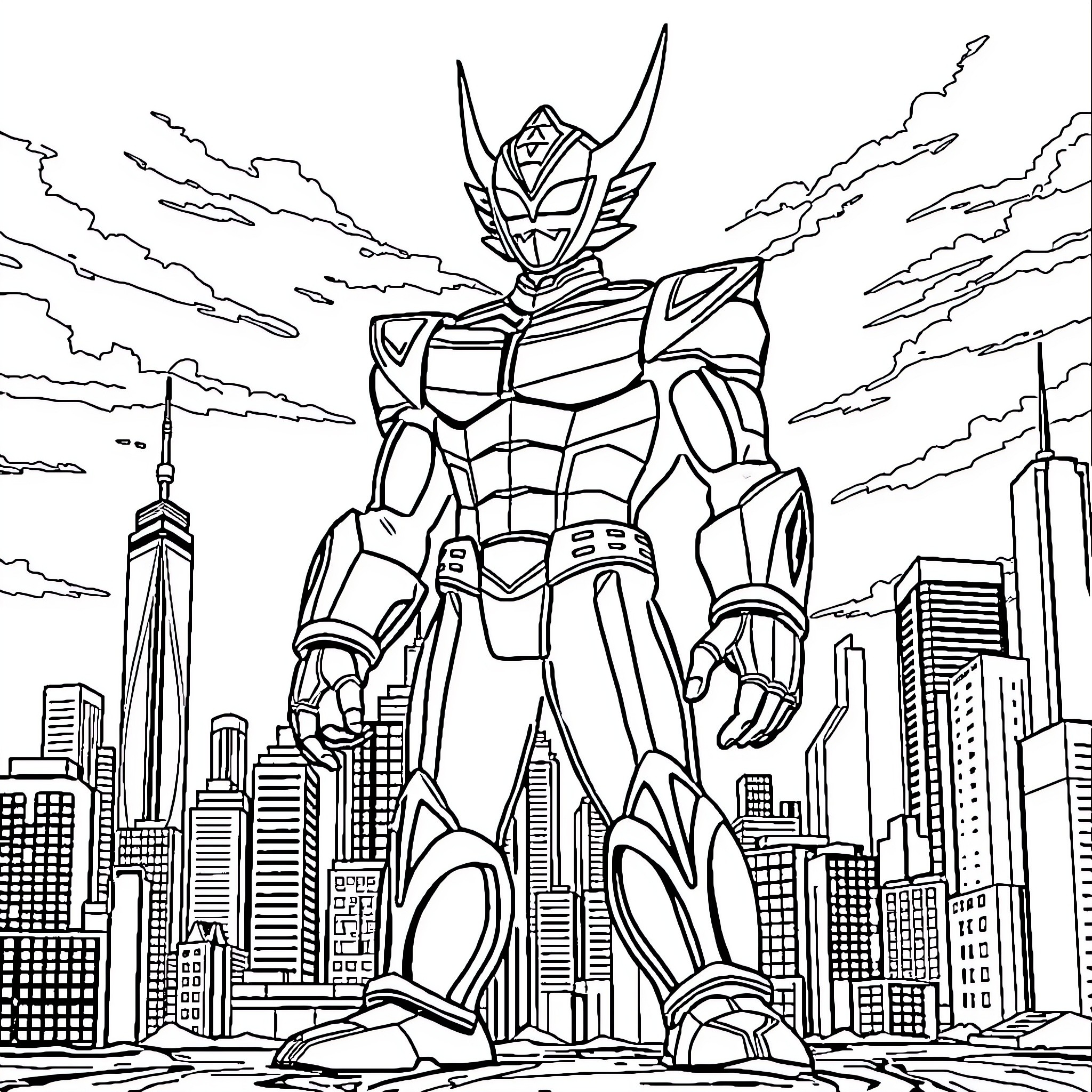 Ultraman stands tall against the city skyline Coloring Page (free black-and-white line drawing printable PDF for all, from beginners to advanced learners, including children, teens, adults, and seniors)