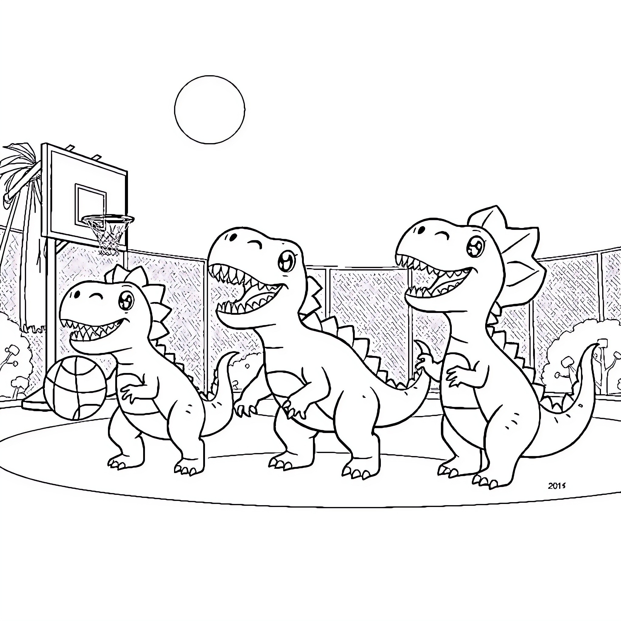 Dinosaurs playing basketball on the court Coloring Page (free black-and-white line drawing printable PDF for all, from beginners to advanced learners, including children, teens, adults, and seniors)