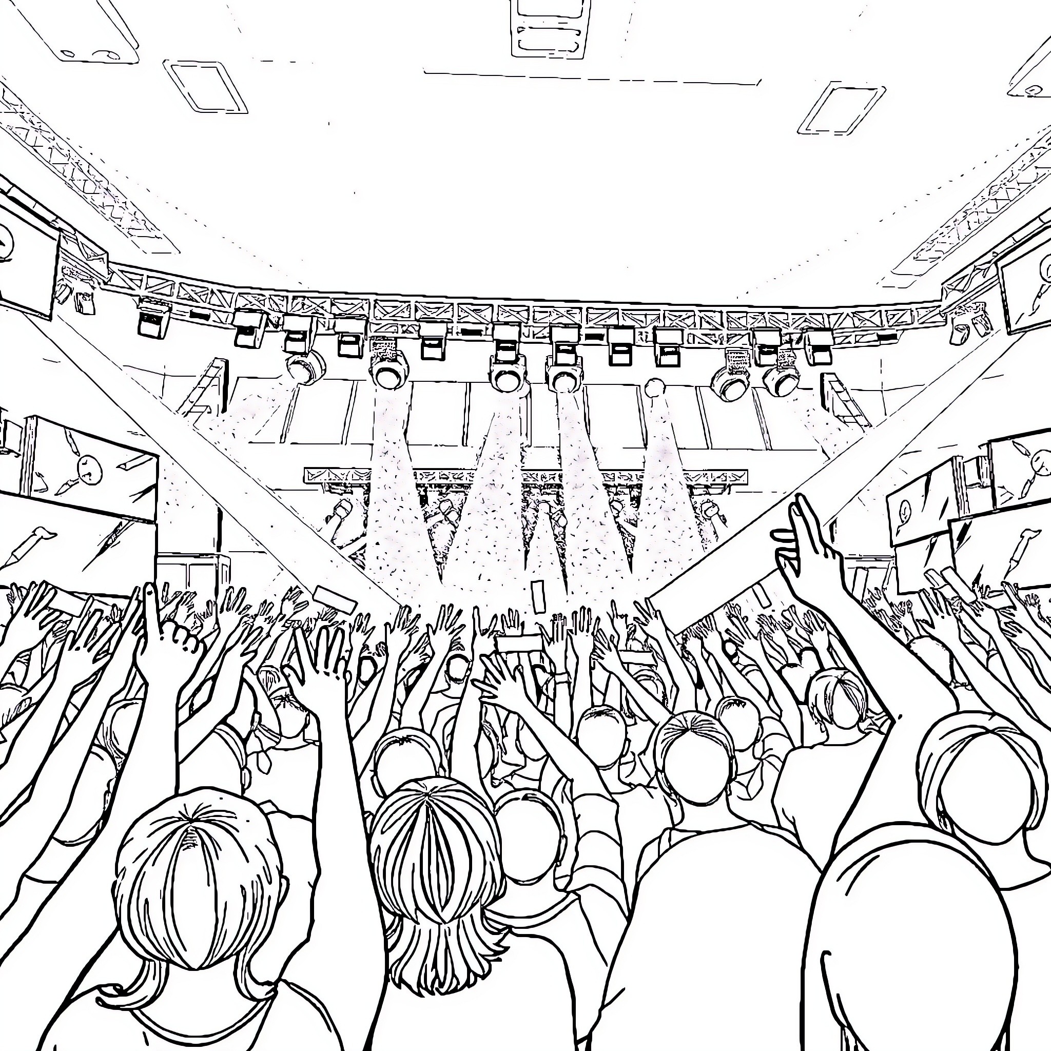 Kpop concert with excited crowd and bright stage lights Coloring Page (free black-and-white line drawing printable PDF for all, from beginners to advanced learners, including children, teens, adults, and seniors)